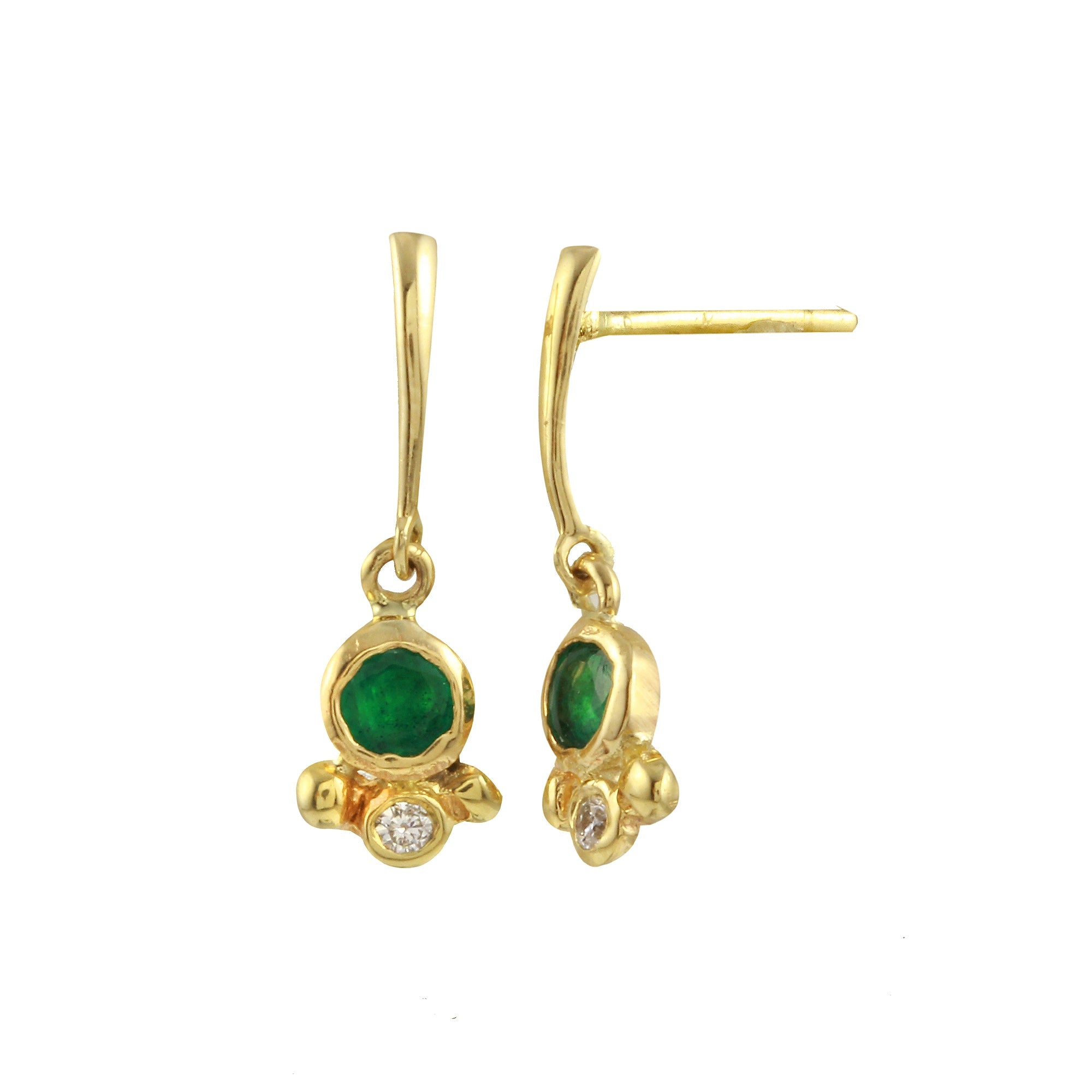 Emerald Bezel w/ Diamond Gold Line Dangle Stud Drop Earrings Jaine K Designs Pair