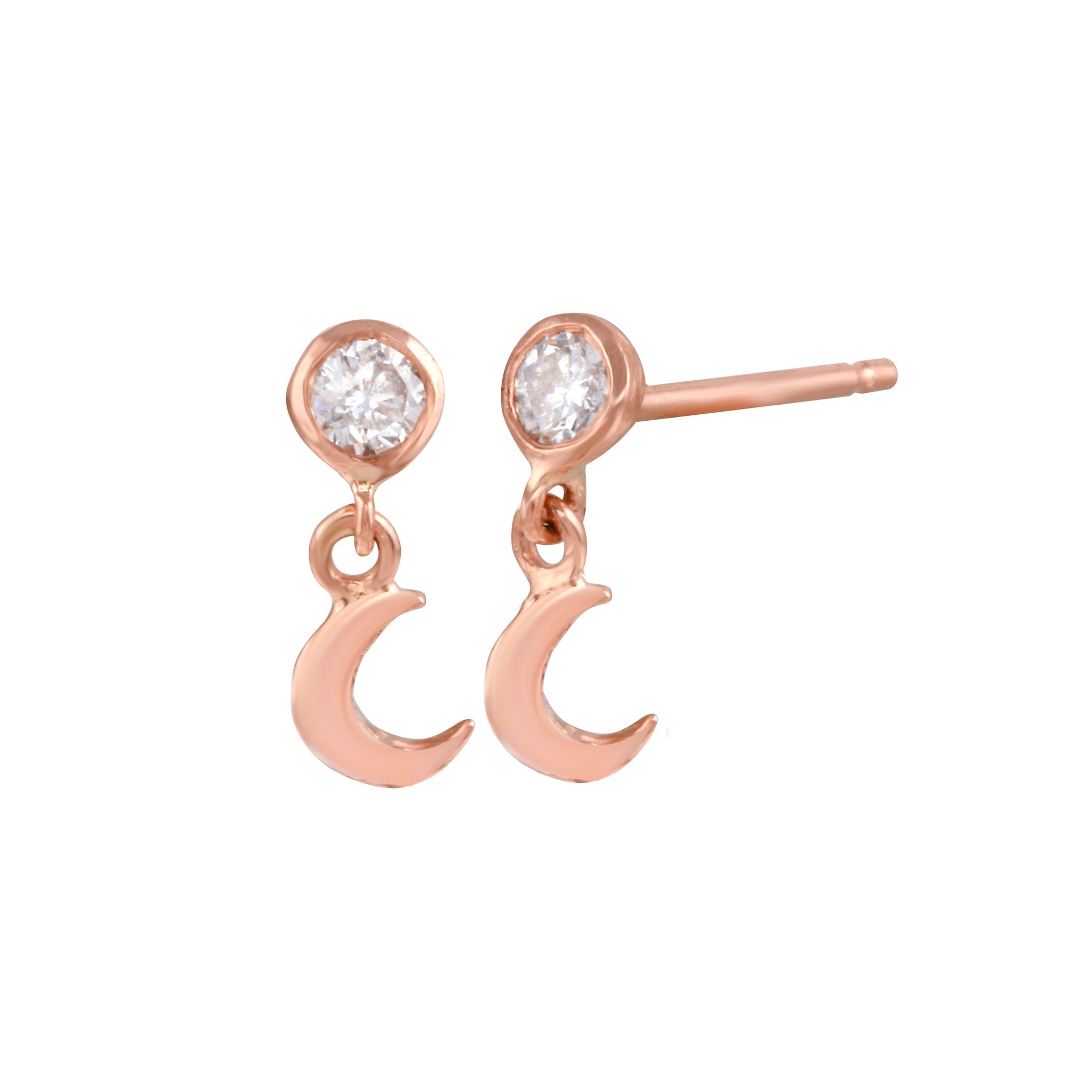 Diamond Bezel with Crescent Moon Stud Earring Drop Earrings Jaine K Designs Pair Rose Gold