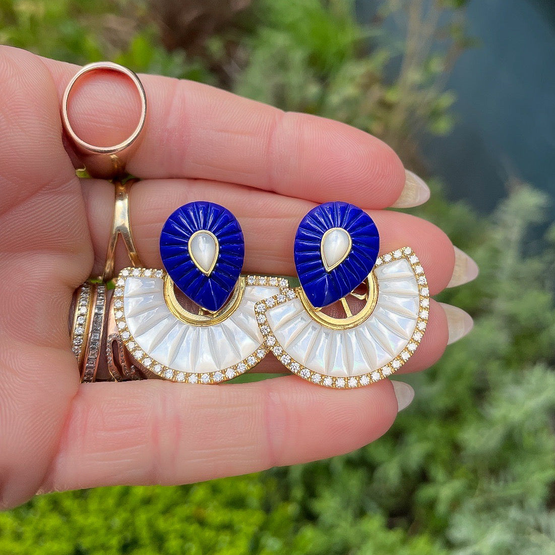 Bond Street Fan Lapis MOP Earrings, Large Statement Earrings Latelier Nawbar