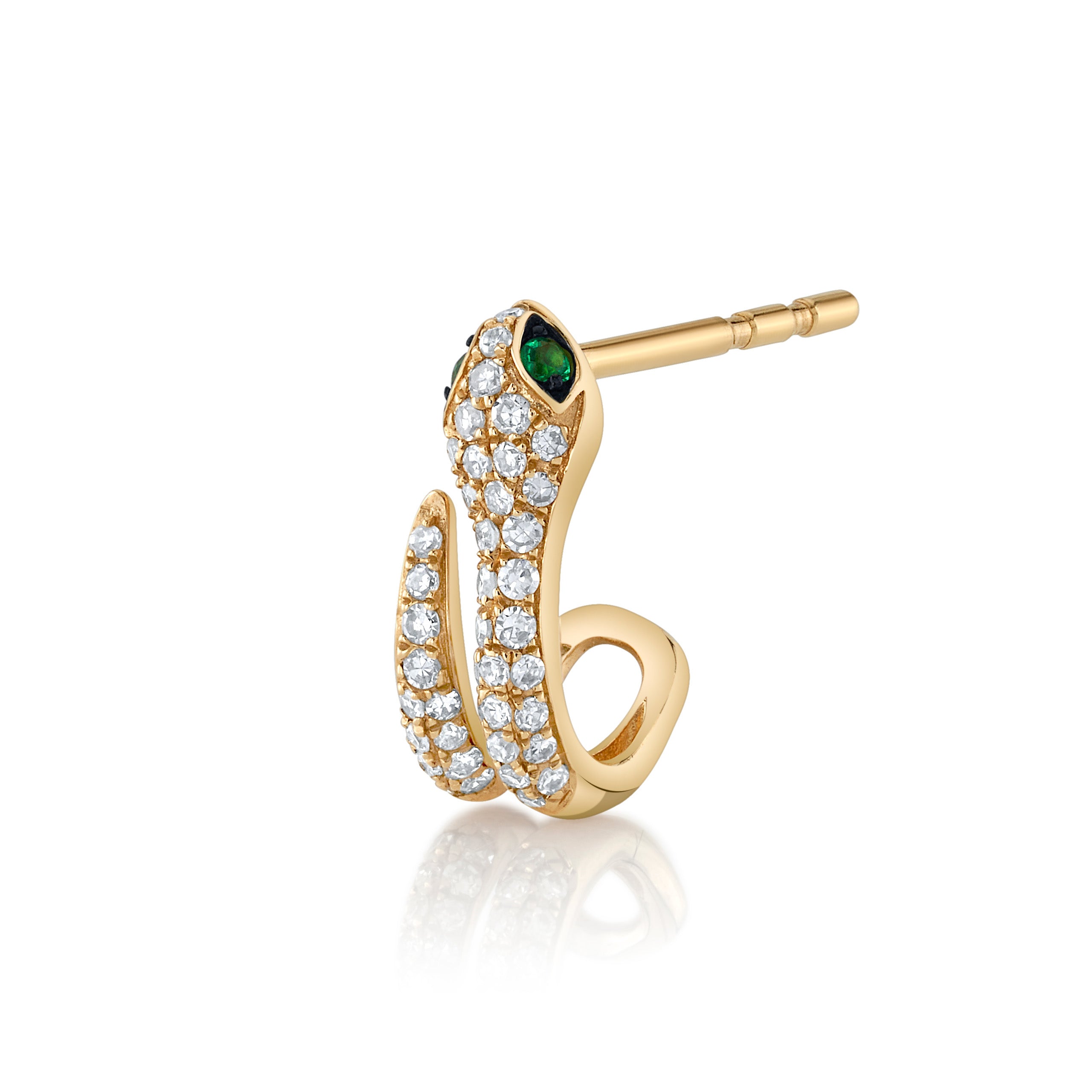 Pave Diamond Snake Half-Hoop with Emerald Eyes Huggie Earrings Roseark Deux Single