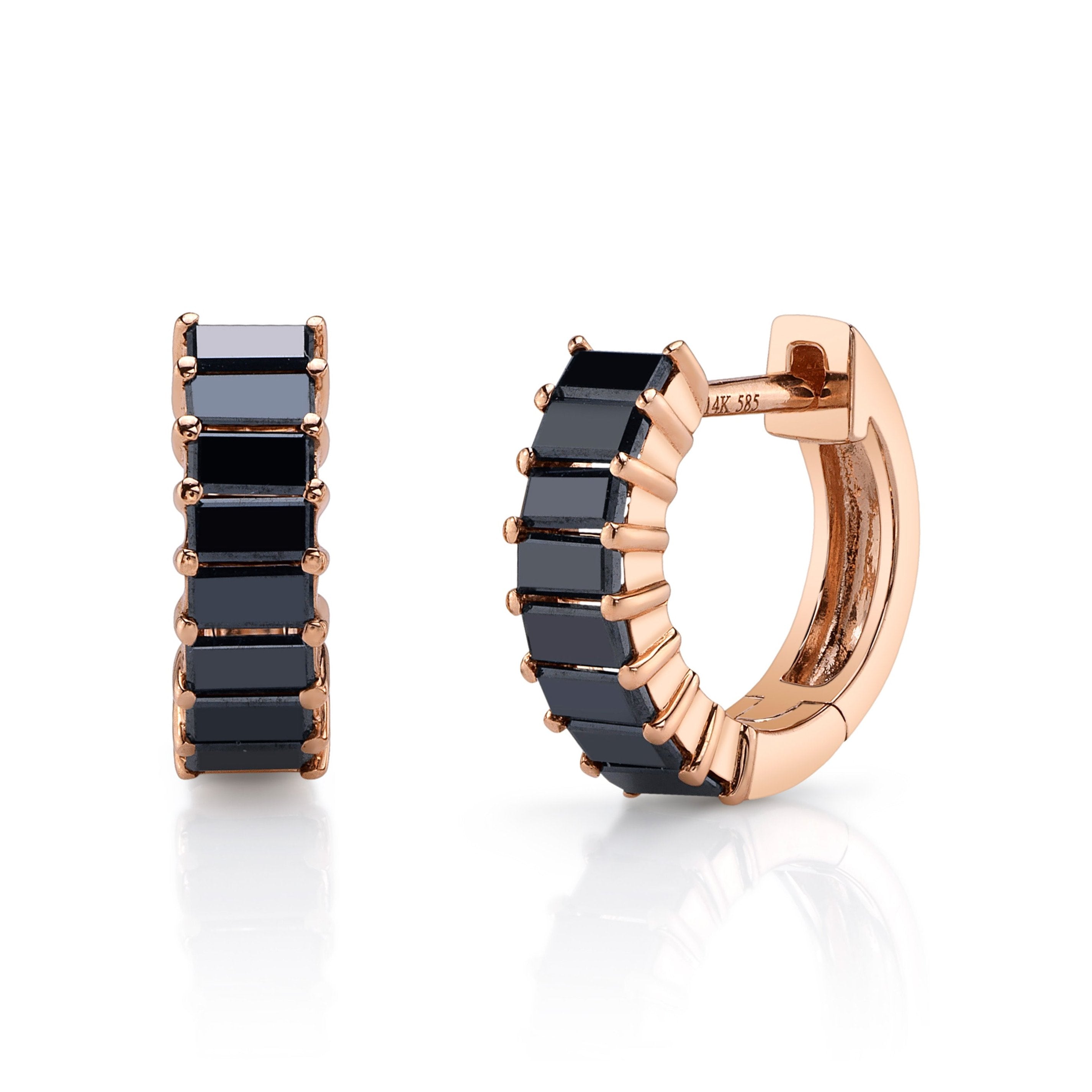 Baguette Stone Huggie Huggie Earrings Roseark Deux Pair RGold + Black Diamond