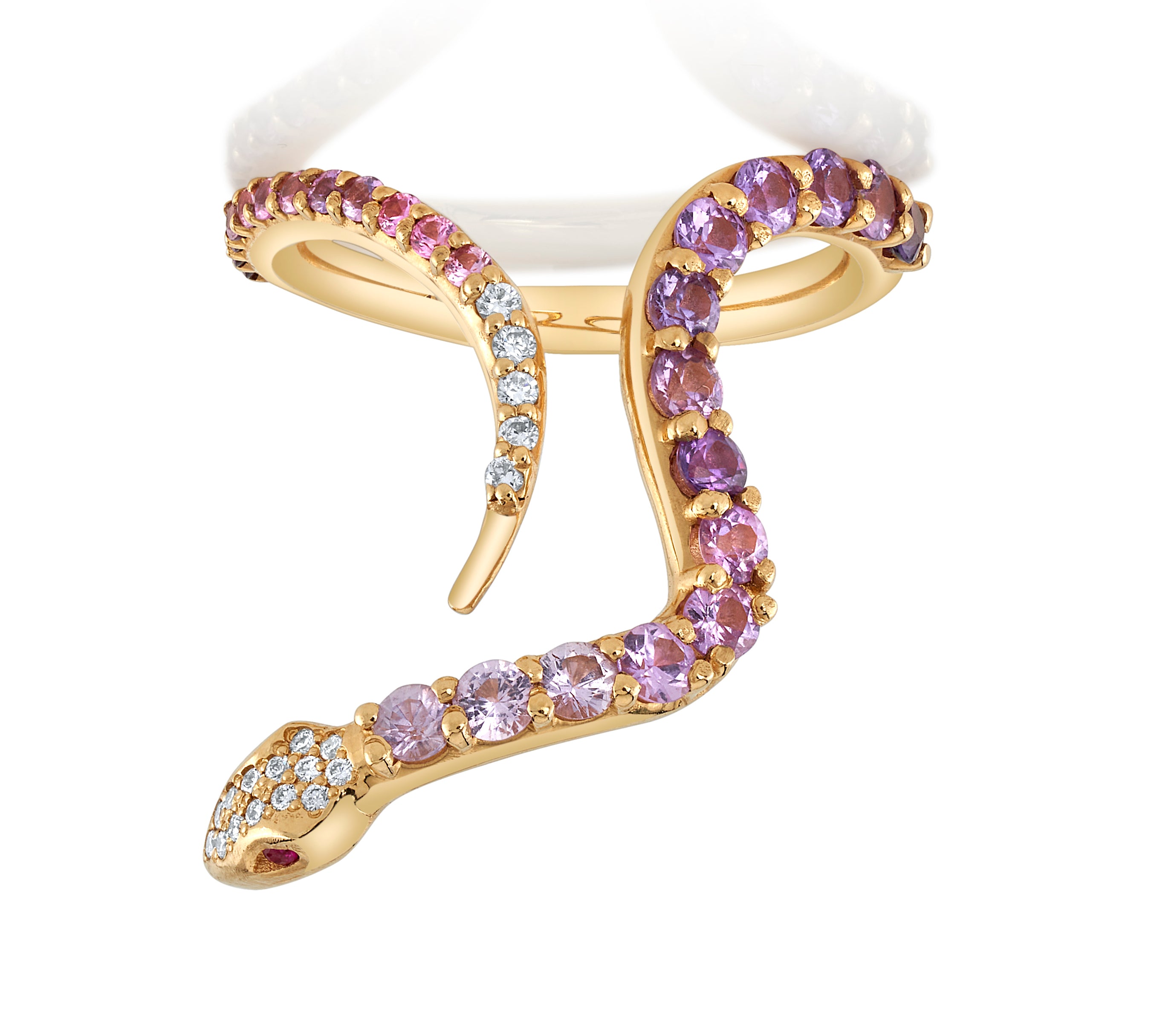 Pink Sapphire and Diamond Snake Ring Cocktail Perez Bitan   