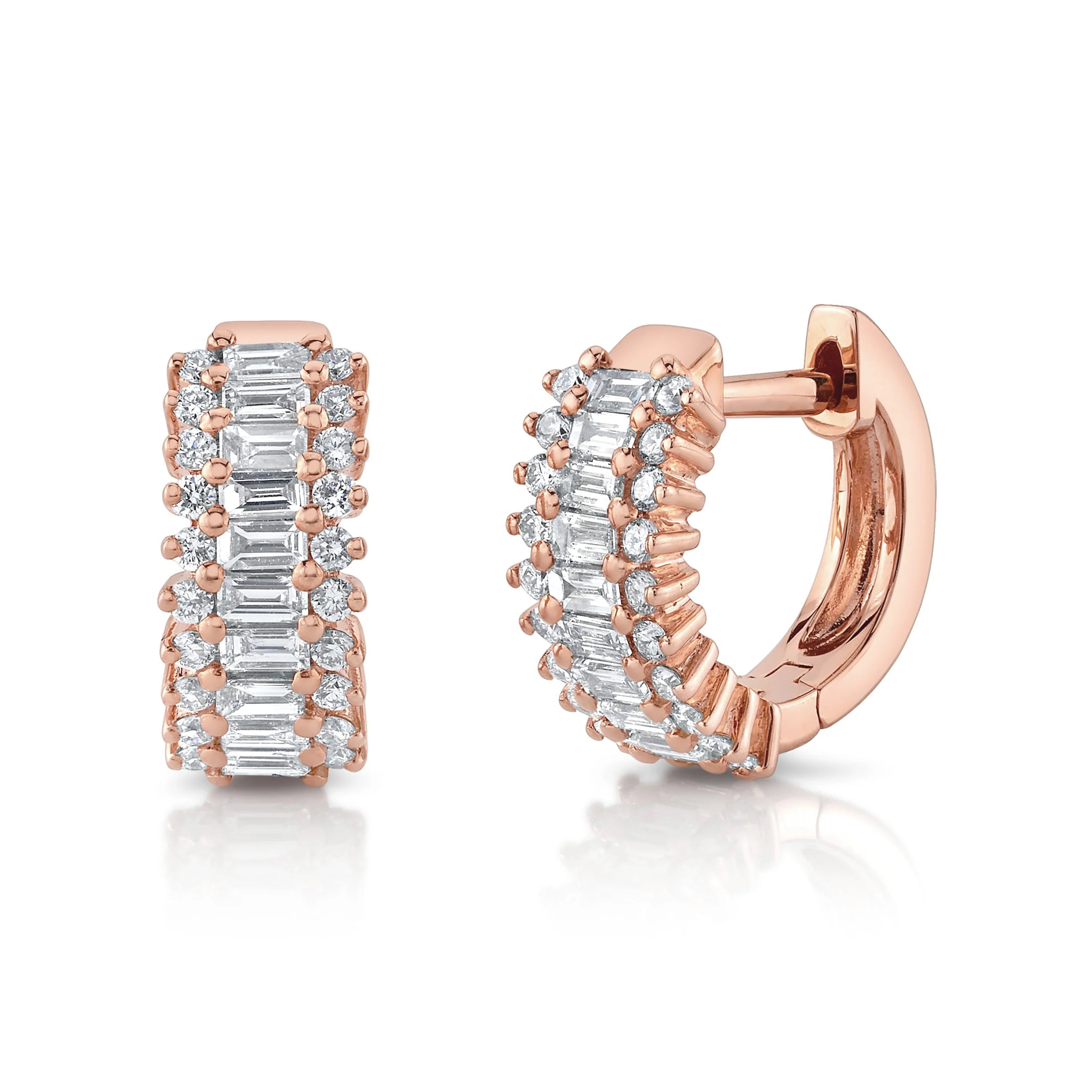 Baguette Diamond Railway Huggie Huggie Earrings Roseark Deux Pair Rose Gold