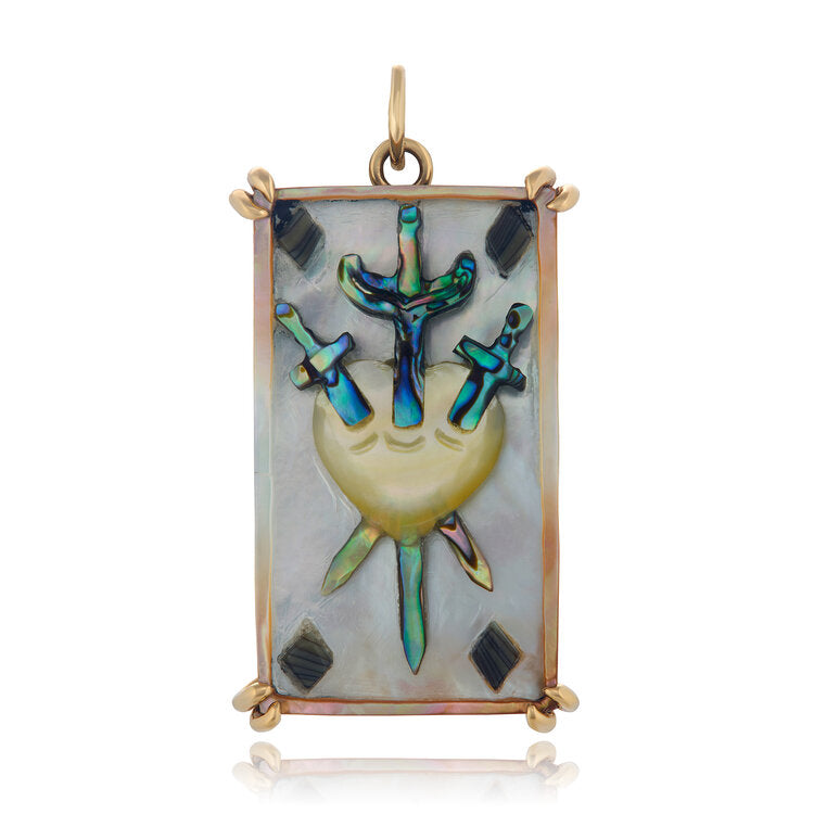 Hand Carved Three of Swords Tarot Charm Charm Maura Green 14k Yellow Gold  