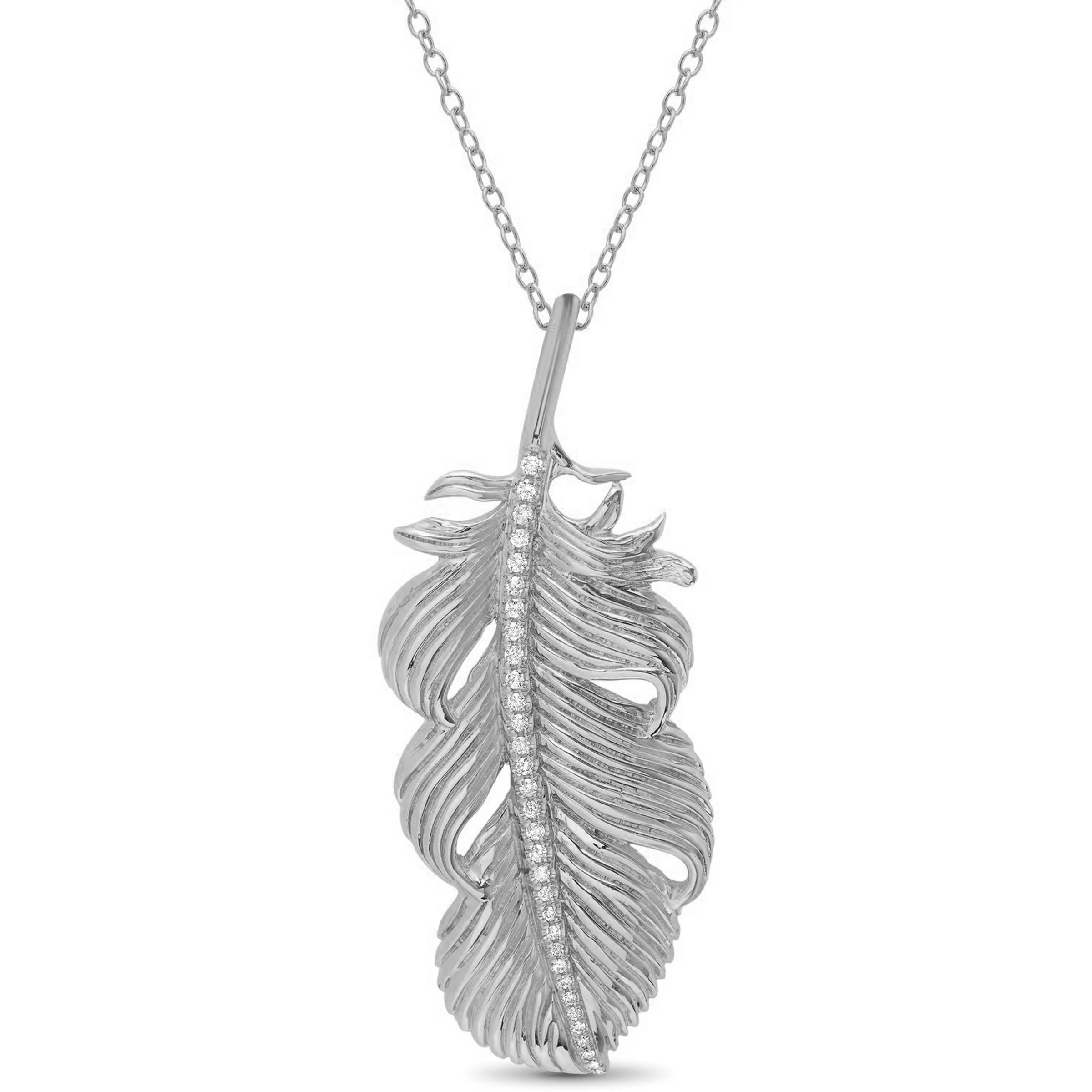 Large Feather Necklace Pendant Elisabeth Bell Jewelry White Gold  