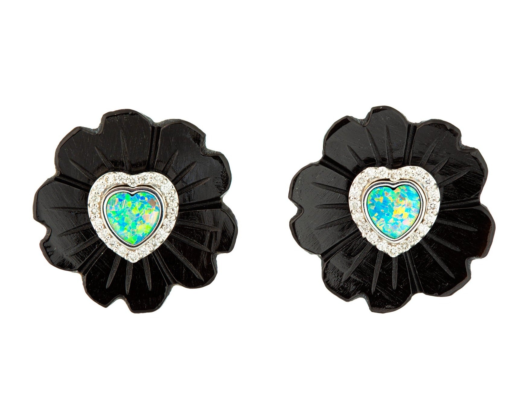 Jade Flower Earrings with Opal Heart Earrings Guita M