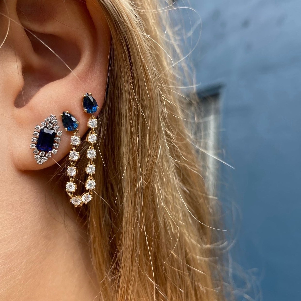 Sapphire Diamond Earrings, Pair Stud Earrings Roseark Deux