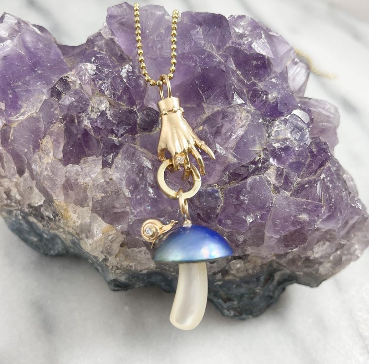 Blue Pearl Mushroom Charm with Diamond Snail Charm Maura Green