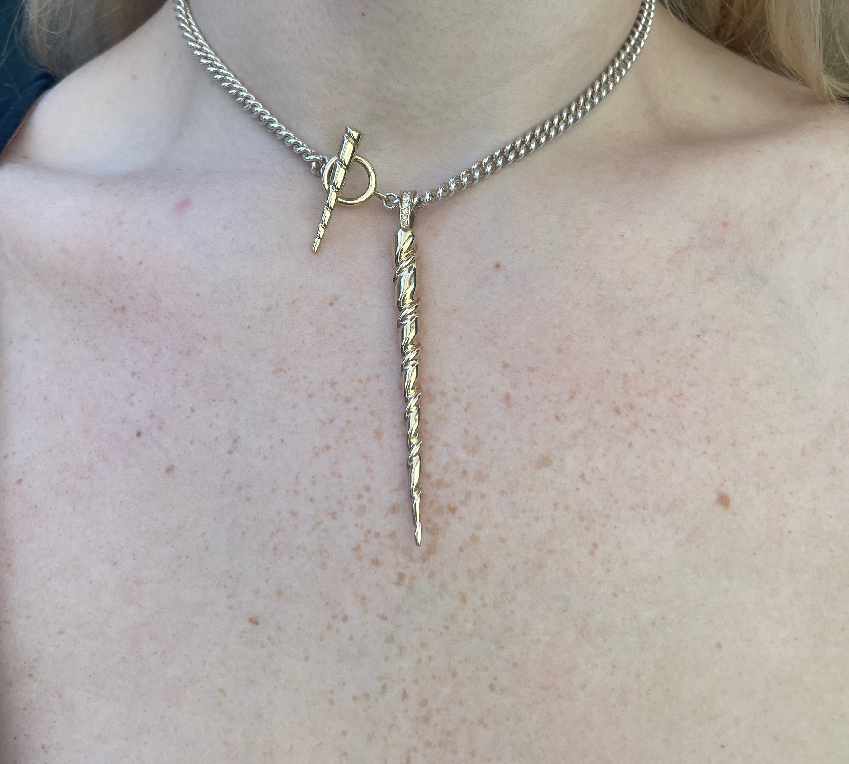 Unicorn Horn Toggle Necklace, Yellow Gold and Sterling Silver Pendant Sale   