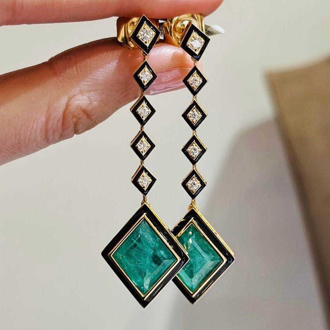 Kite Emerald Enamel Earrings with Diamonds Statement Earrings Goshwara