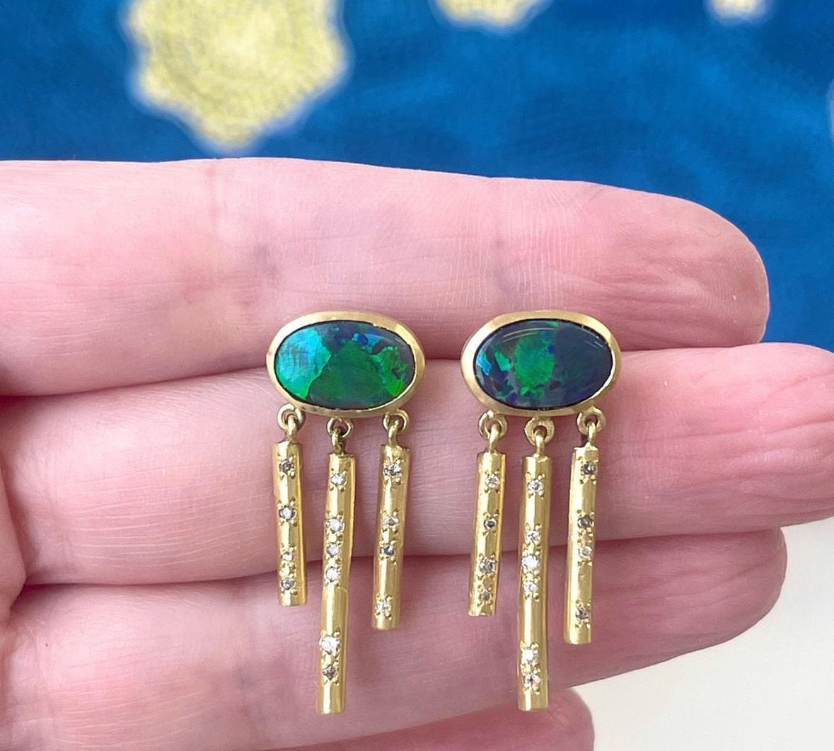 Black Opal Chime Earrings with Salt Pepper Diamonds Drop Earrings Sarah Gardner Fine Jewelry