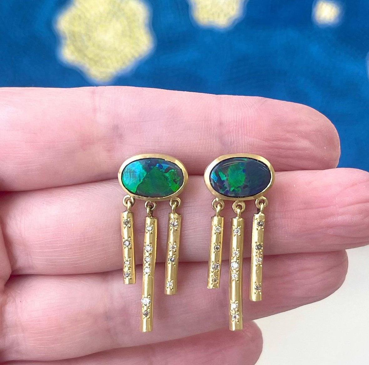 Black Opal Chime Earrings with Salt Pepper Diamonds Drop Earrings Sarah Gardner Fine Jewelry