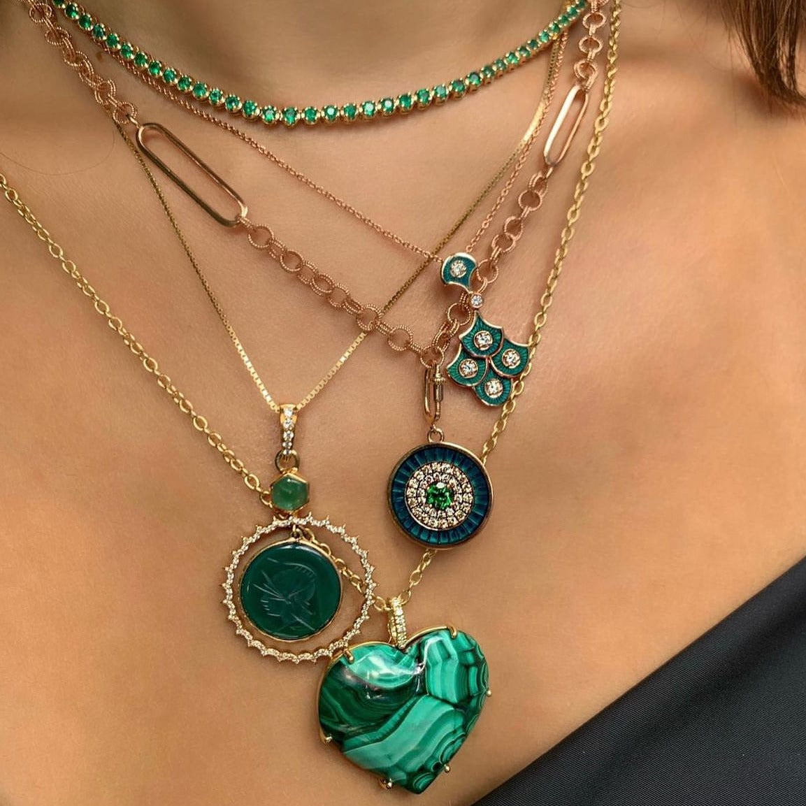 Malachite Heart Pendant with Diamond Bail Pendant Roseark Deux