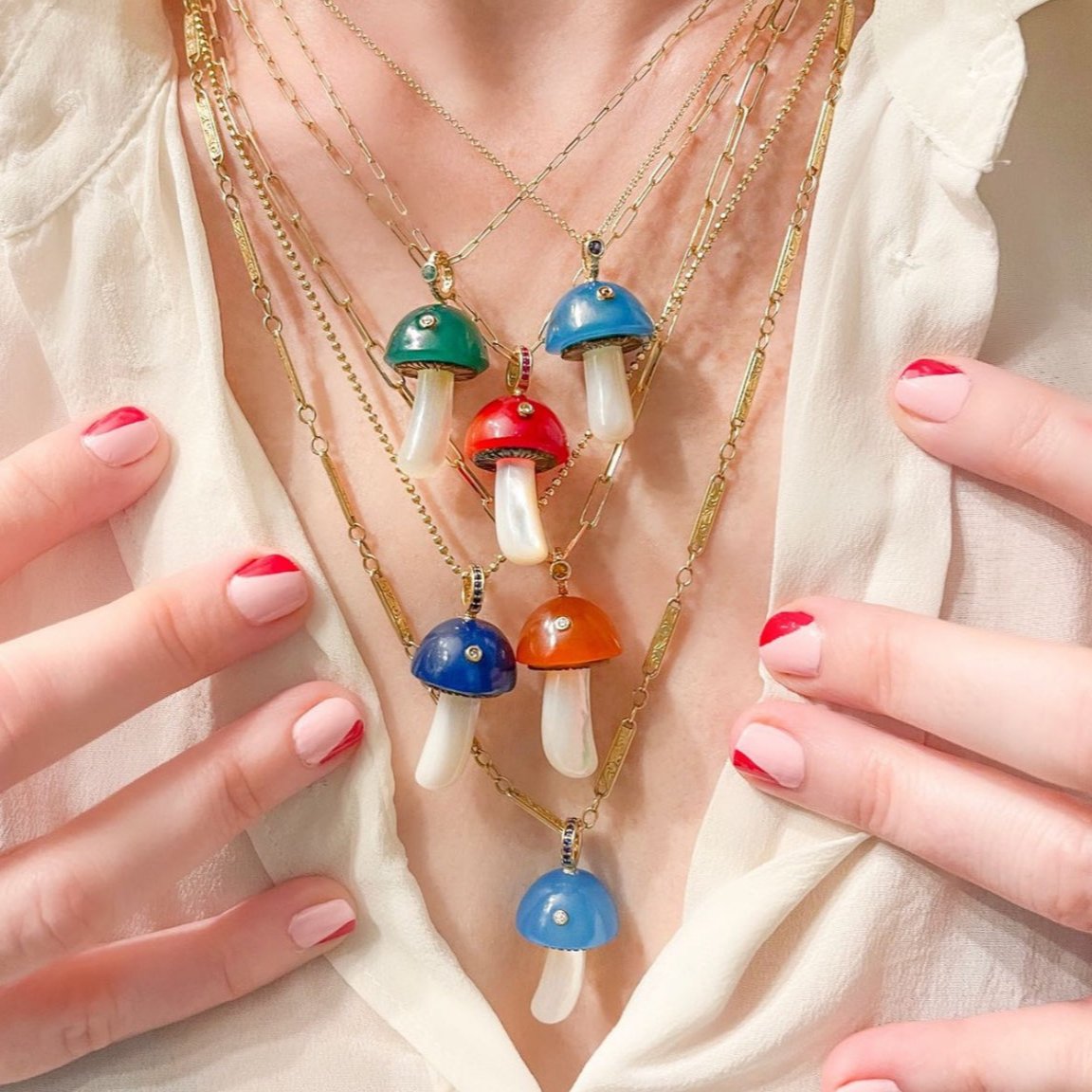Chalcedony Mushroom with Bezel Stones Charm Maura Green