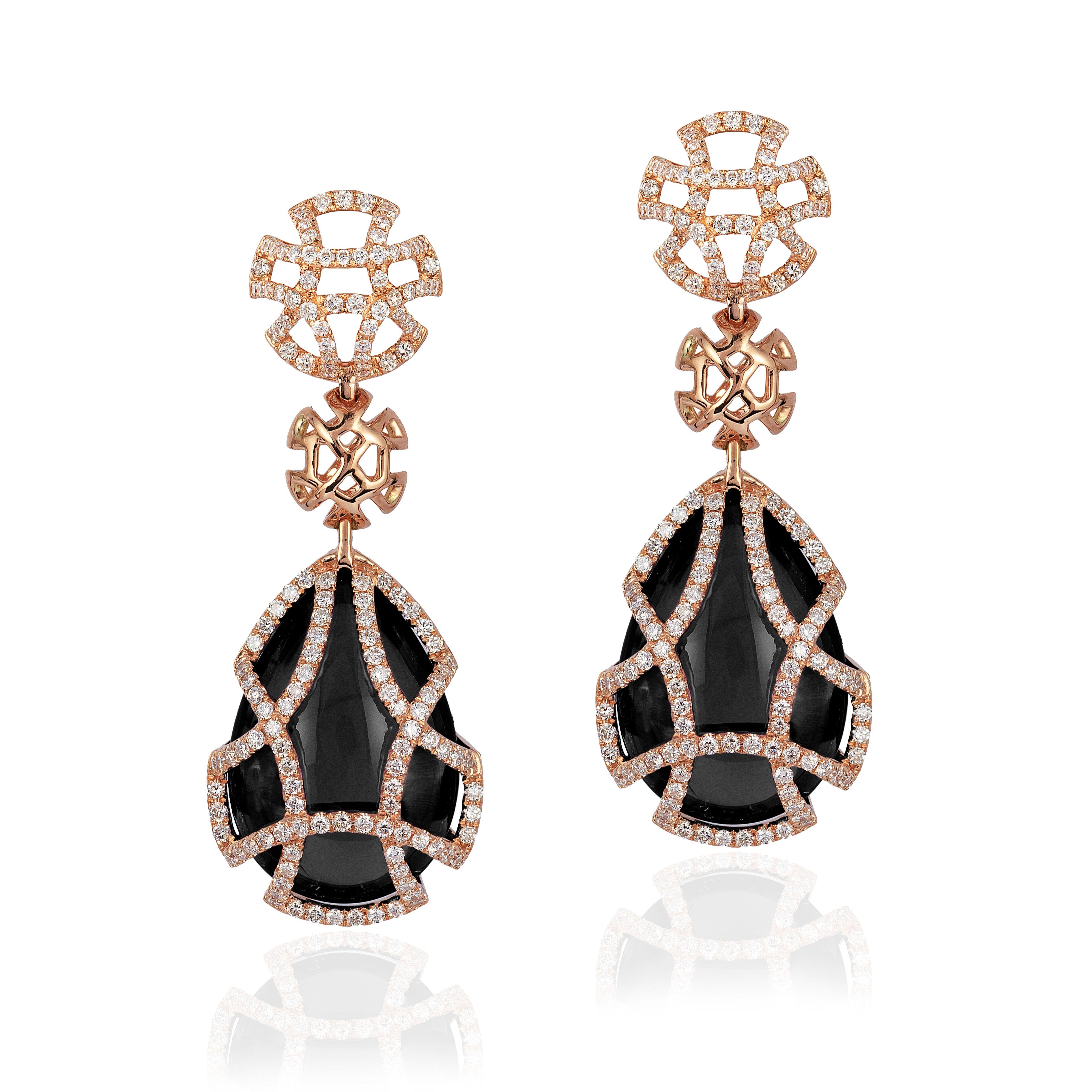 Teardrop Cage Earrings with Diamonds Drop Earrings Goshwara Onyx Yellow Gold