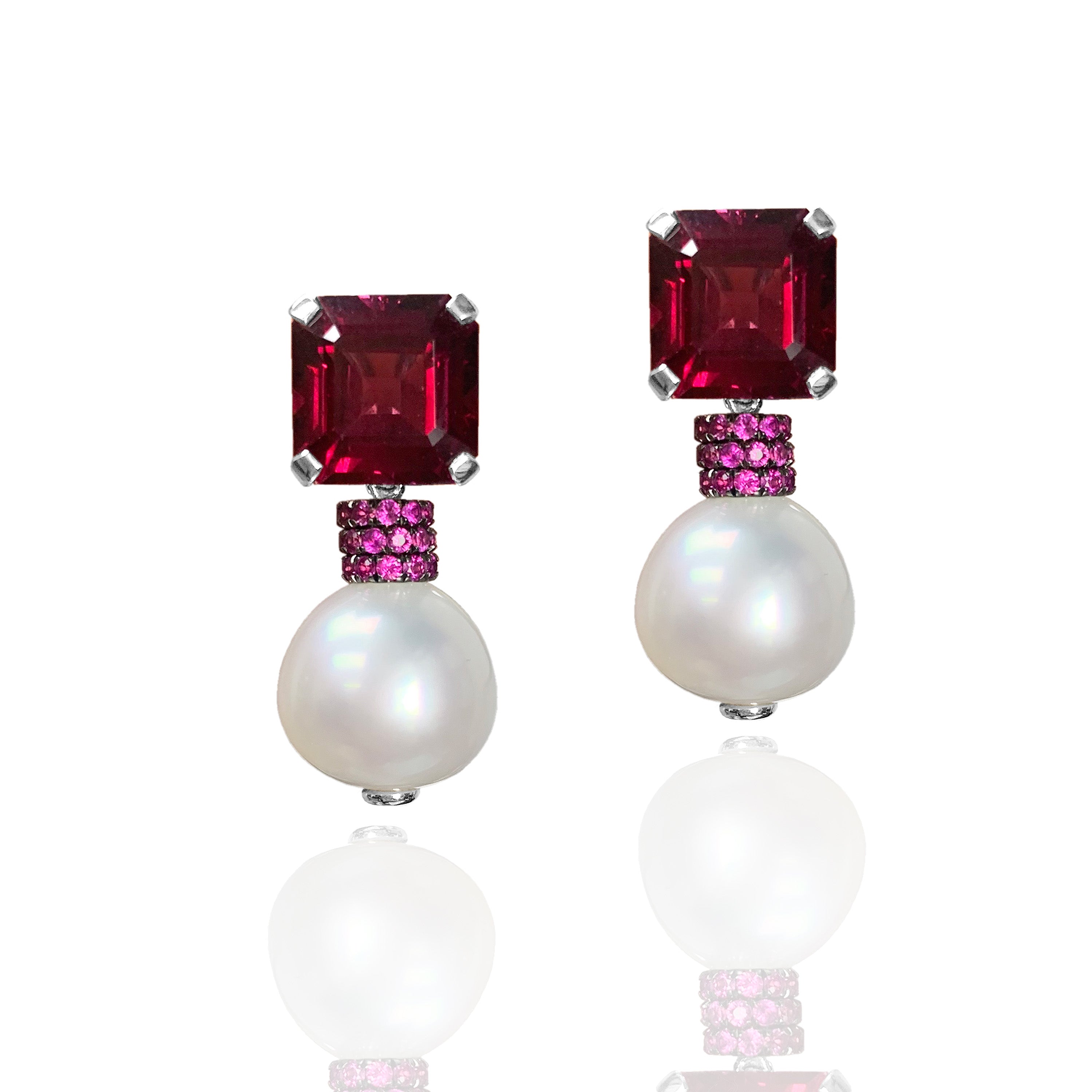 Emerald-Cut Garnet Pearl Rondelle Earrings Statement Earrings Goshwara