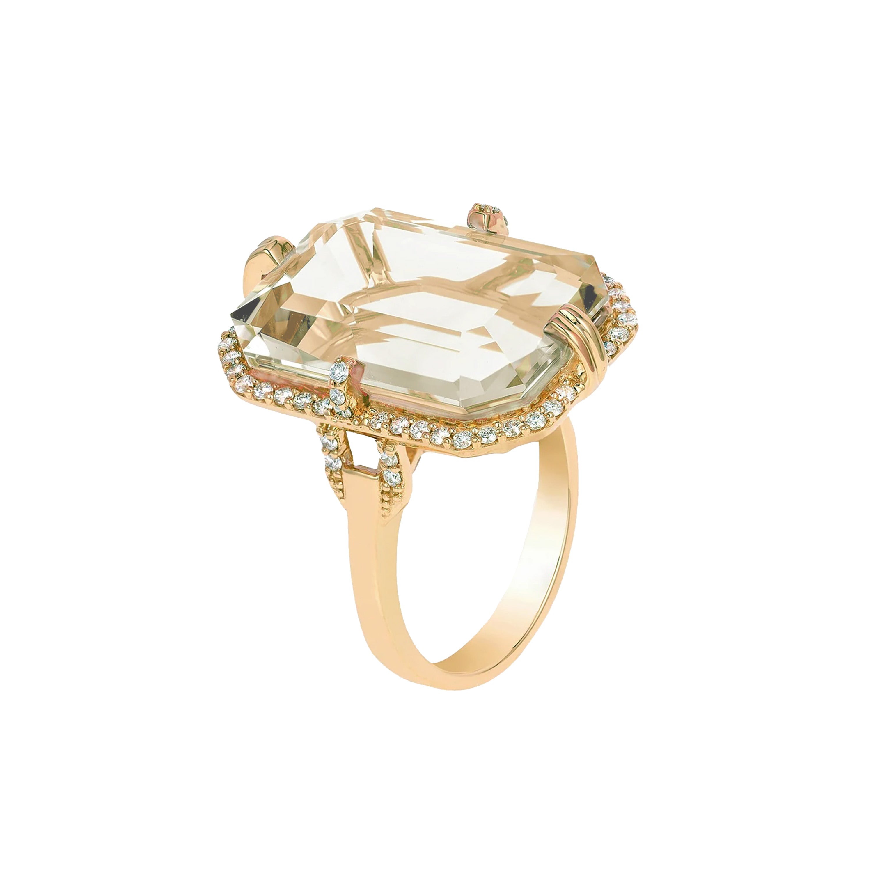 Rock Crystal Emerald-Cut Ring with Diamonds Cocktail Ring Goshwara Yellow Gold