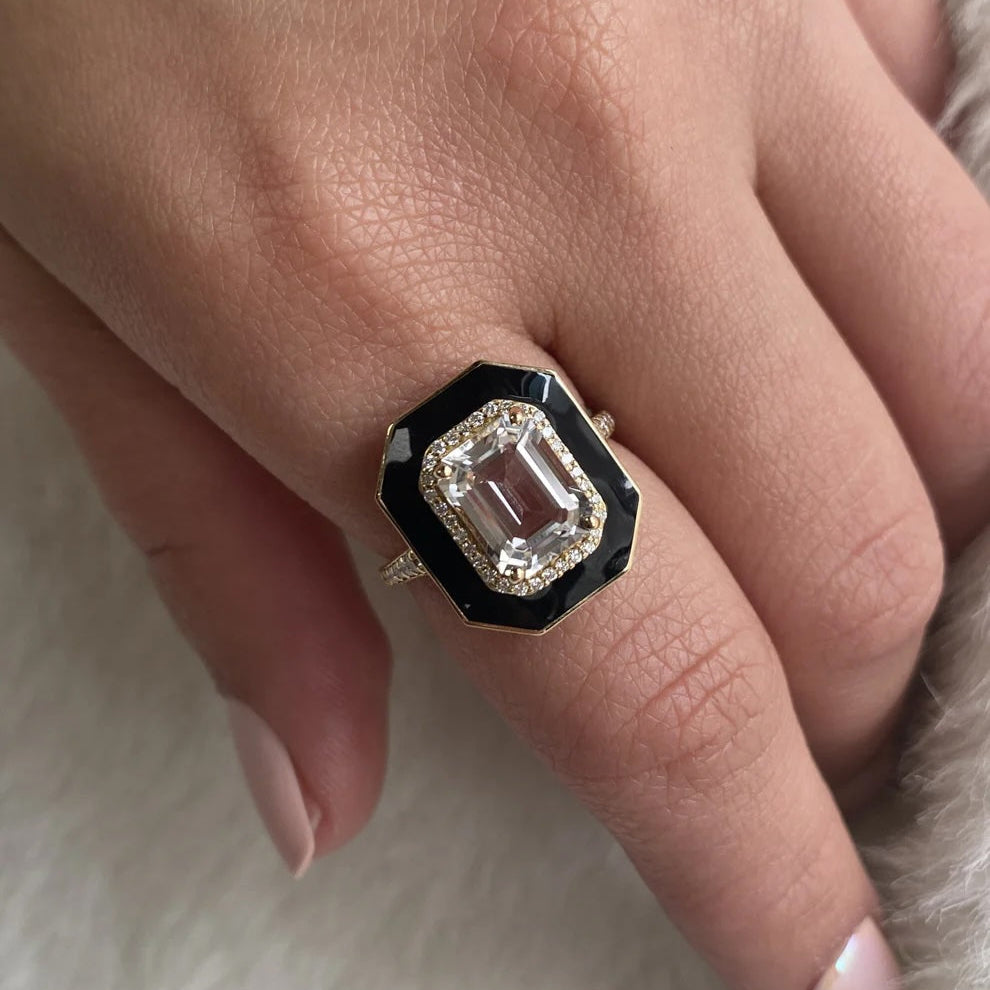 Emerald-Cut Halo Enamel Ring Cocktail Ring Goshwara