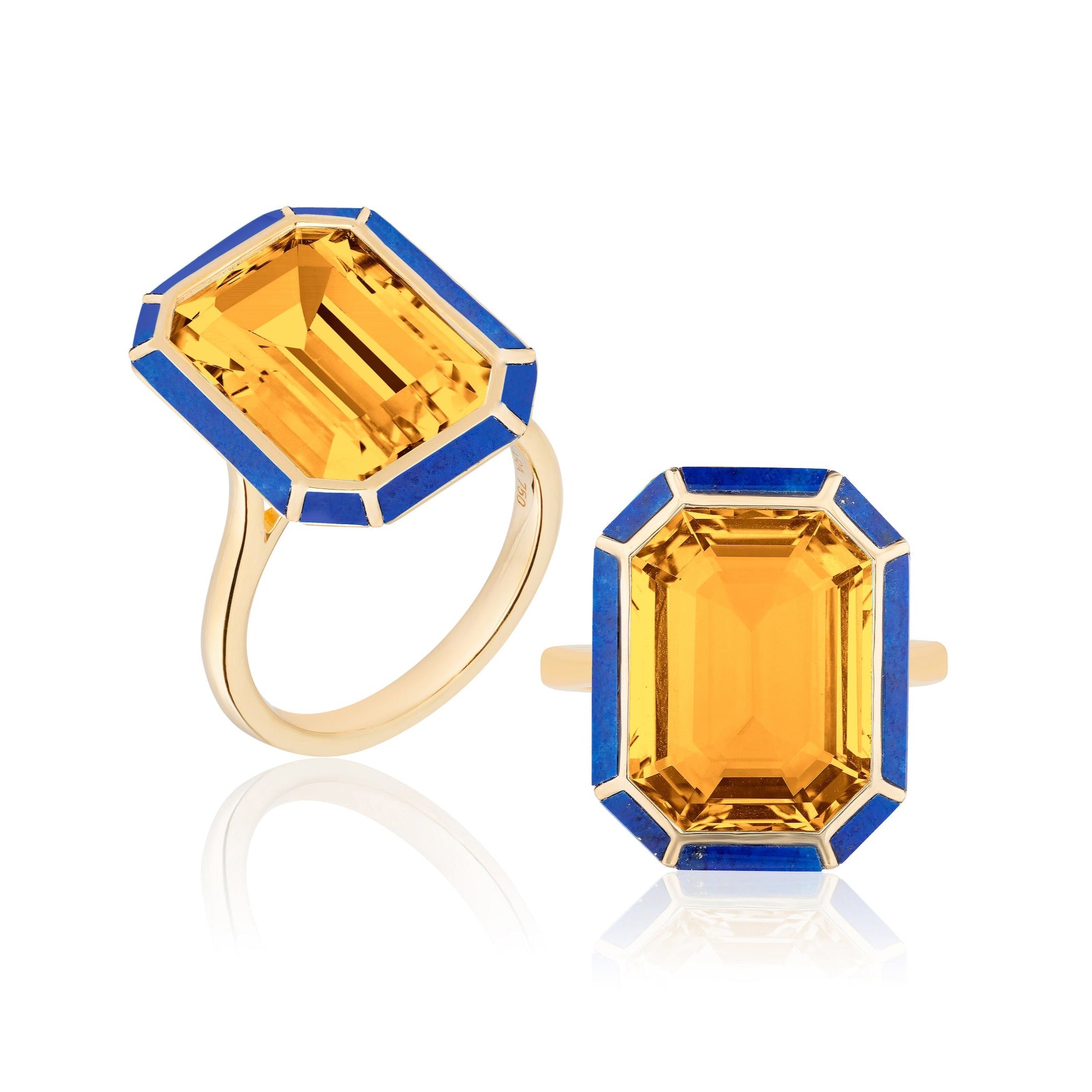 Stone Inlay Emerald-Cut Ring Cocktail Ring Goshwara Citrine / Lapis Lazuli
