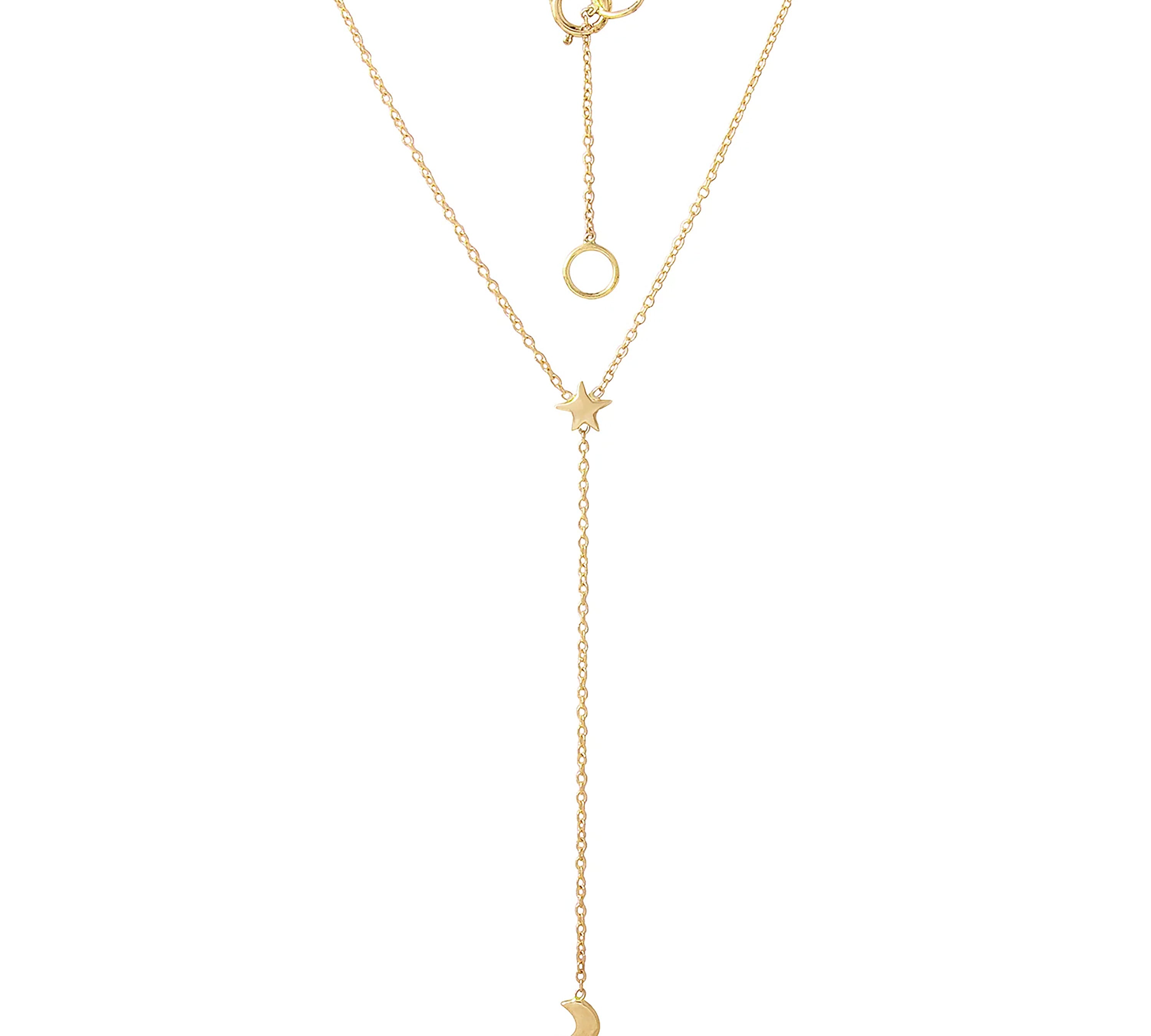Moon & Star Rosary Necklace Lariat Necklace Jaine K Designs Yellow Gold