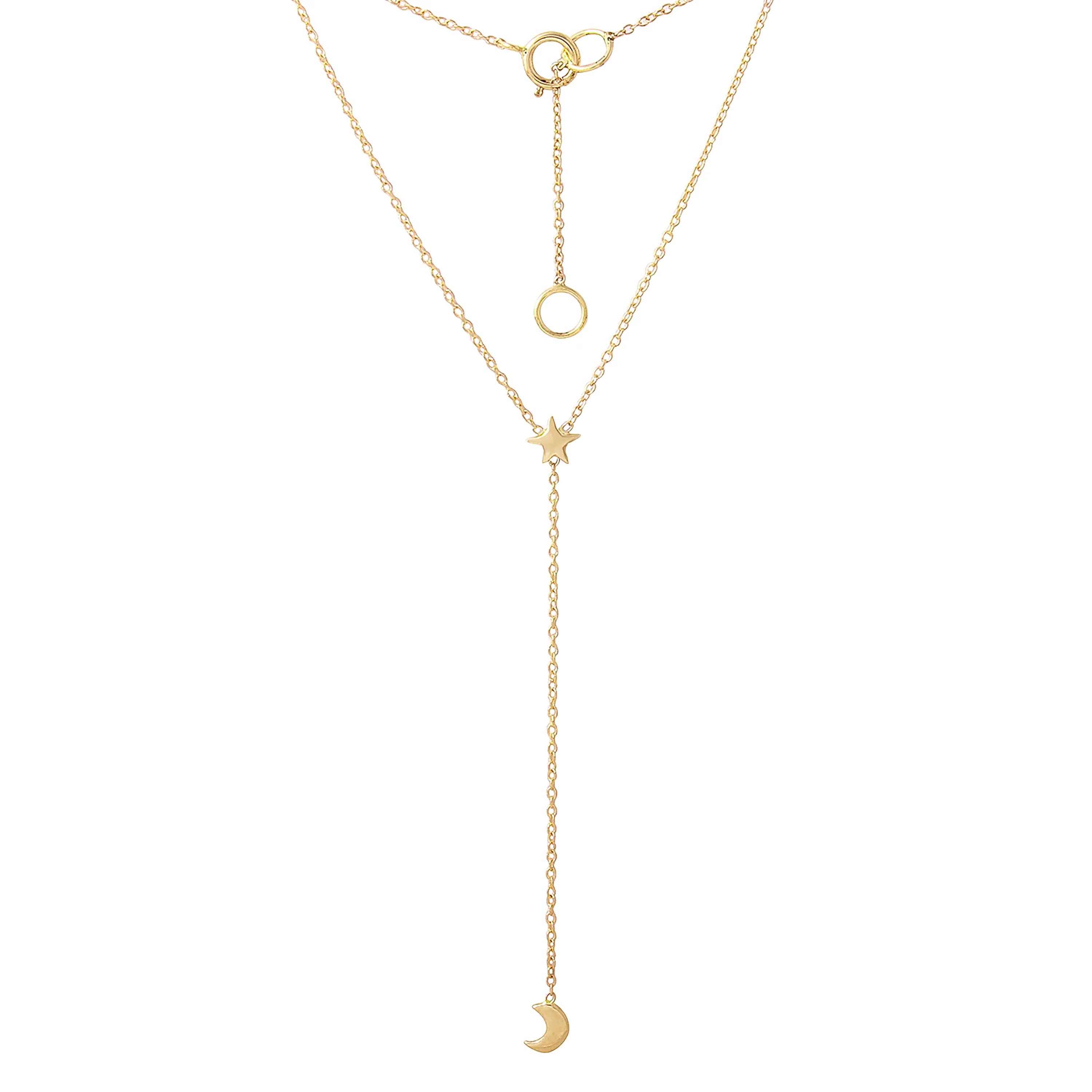 Moon & Star Rosary Necklace Lariat Necklace Jaine K Designs Yellow Gold