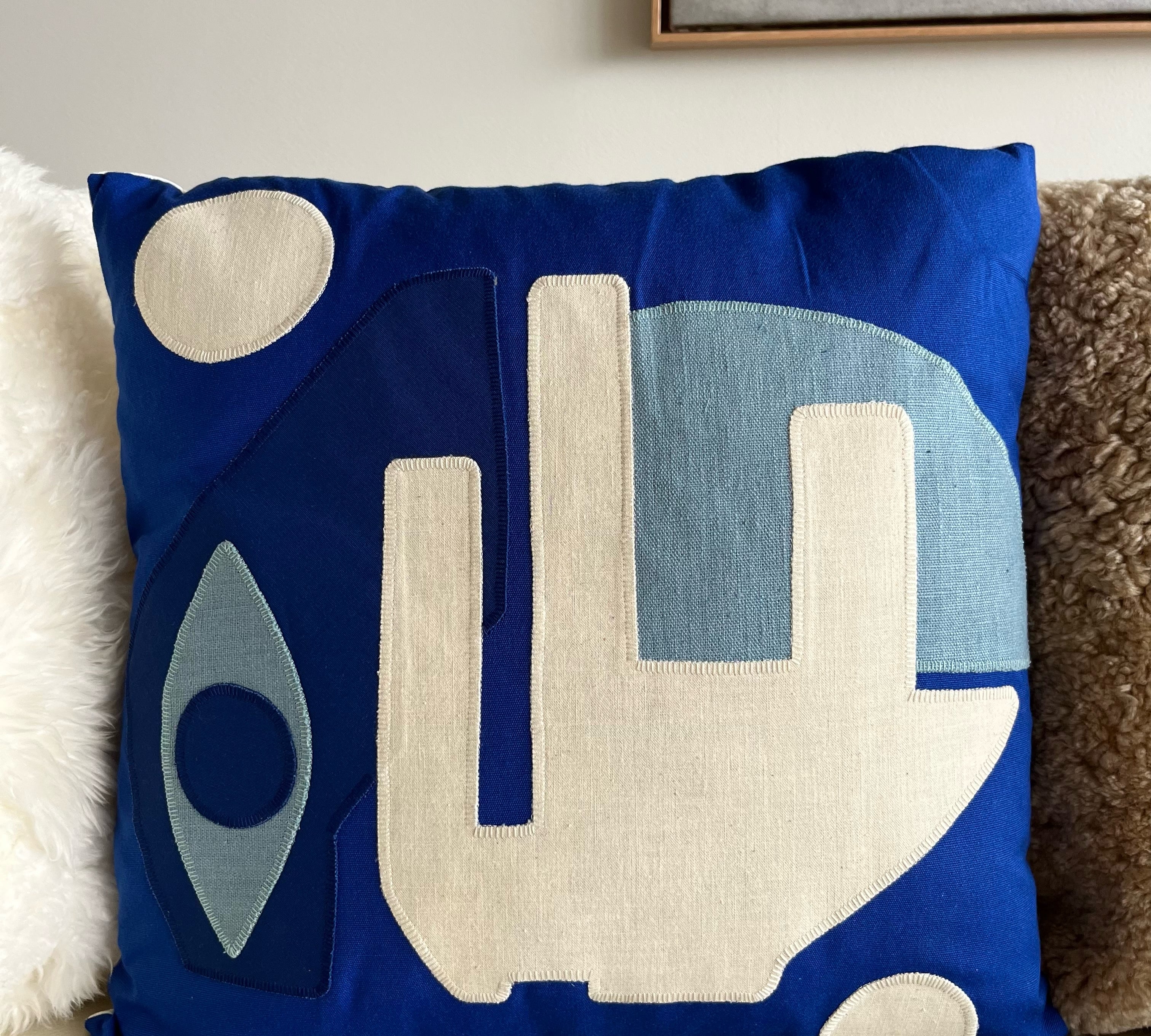 Blue Square Handmade Patchwork Pillow Pillows Raphaële Malbec   