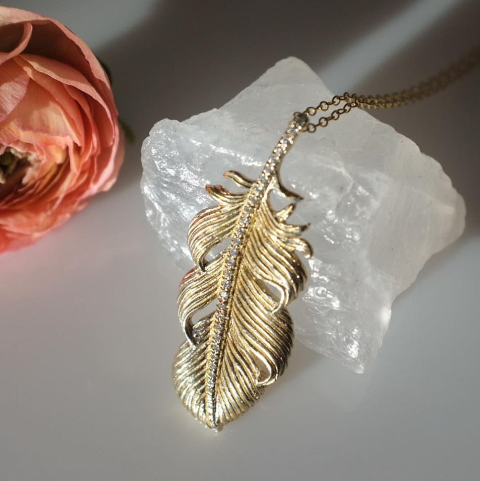 Large Feather Necklace with Diamonds Pendant Necklace Elisabeth Bell Jewelry