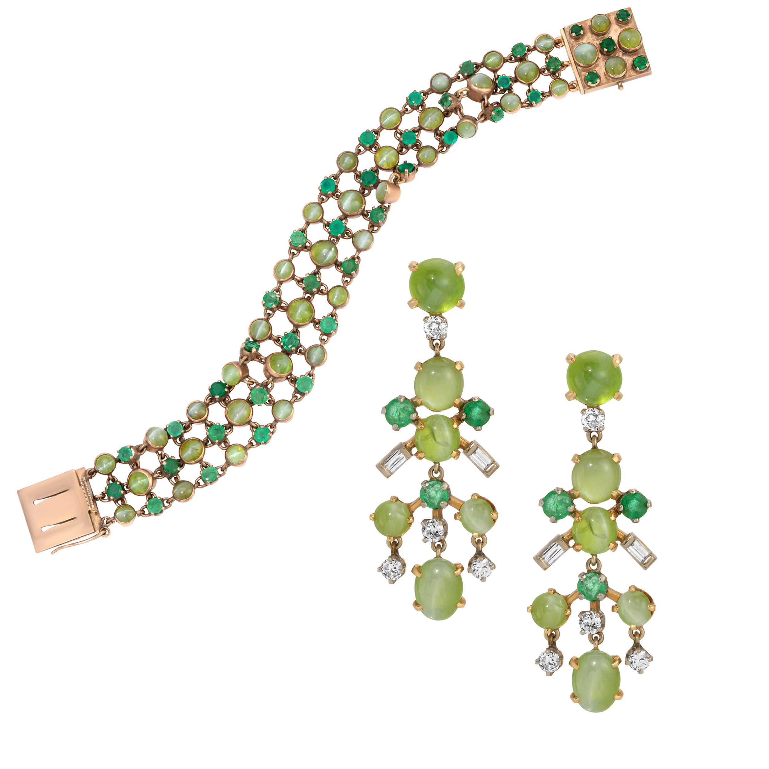 1940s Cats Eye Chrsoberyl Diamond Bracelet-Earring Set Bracelet Roseark Vintage