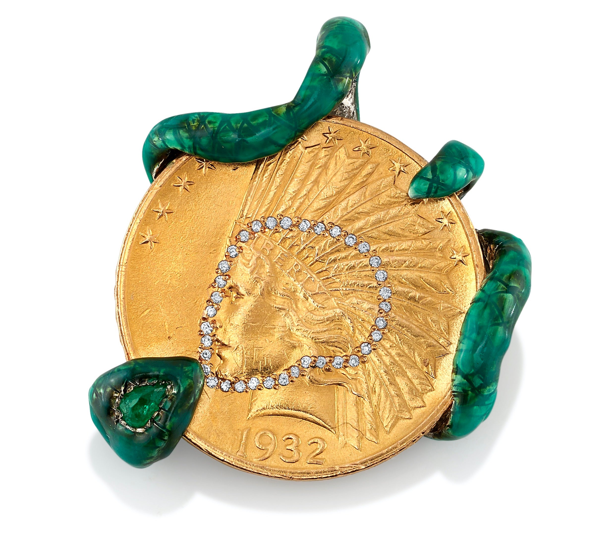 Snake Wrapped Gold Coin with Diamonds Pendant Stones of Character   