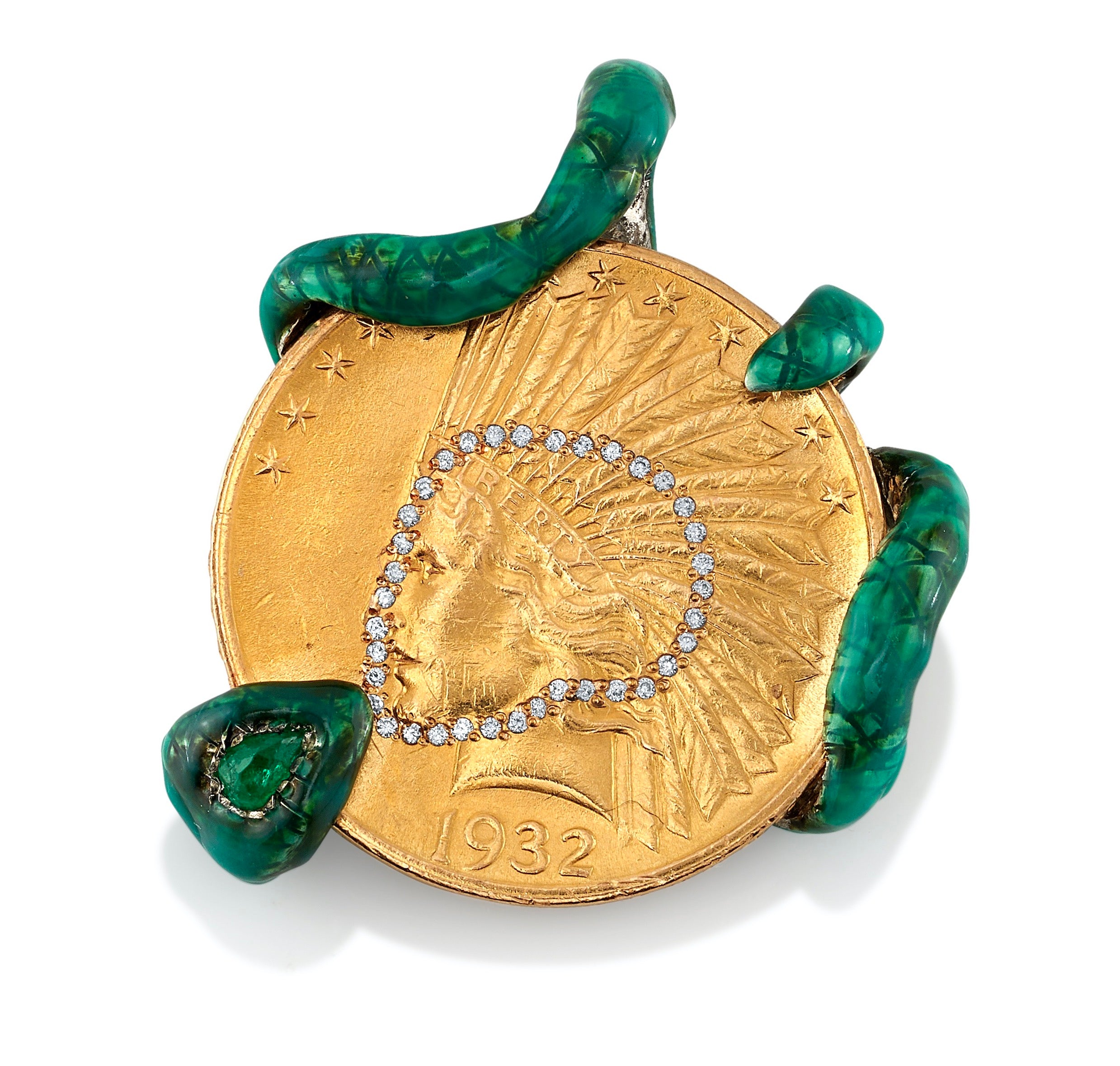 Snake Wrapped Gold Coin with Diamonds Pendant Stones of Character
