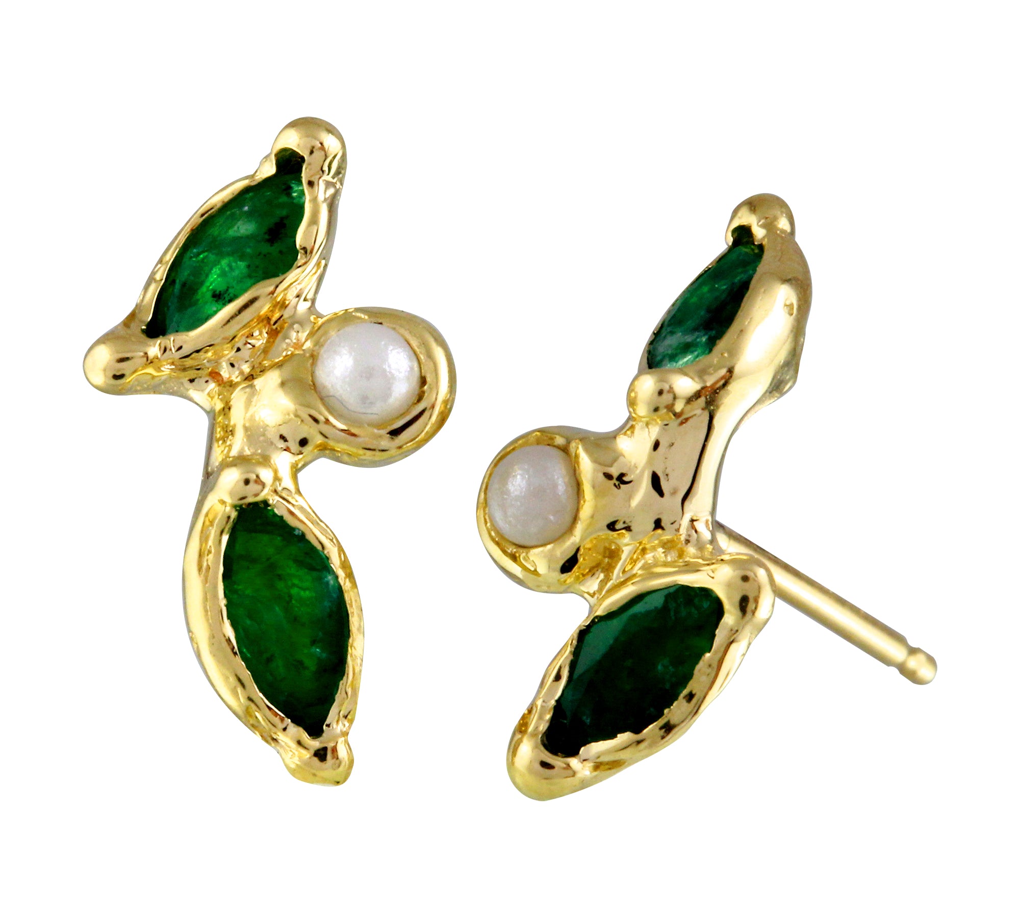 Emerald Two Leaf and Pearl Stud, Yellow Gold, Single Stud Earrings Jaine K Designs   