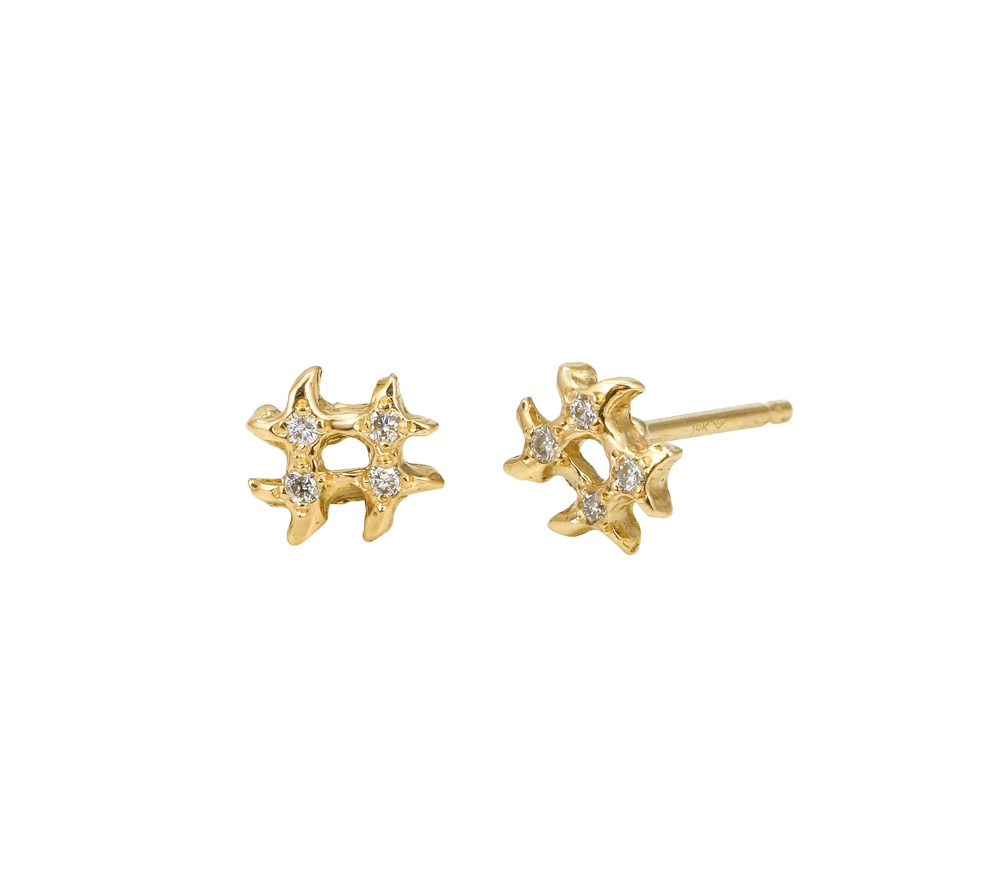 14k Yellow Gold Hashtag with Diamond Pave Stud Stud Earrings Jaine K Designs   