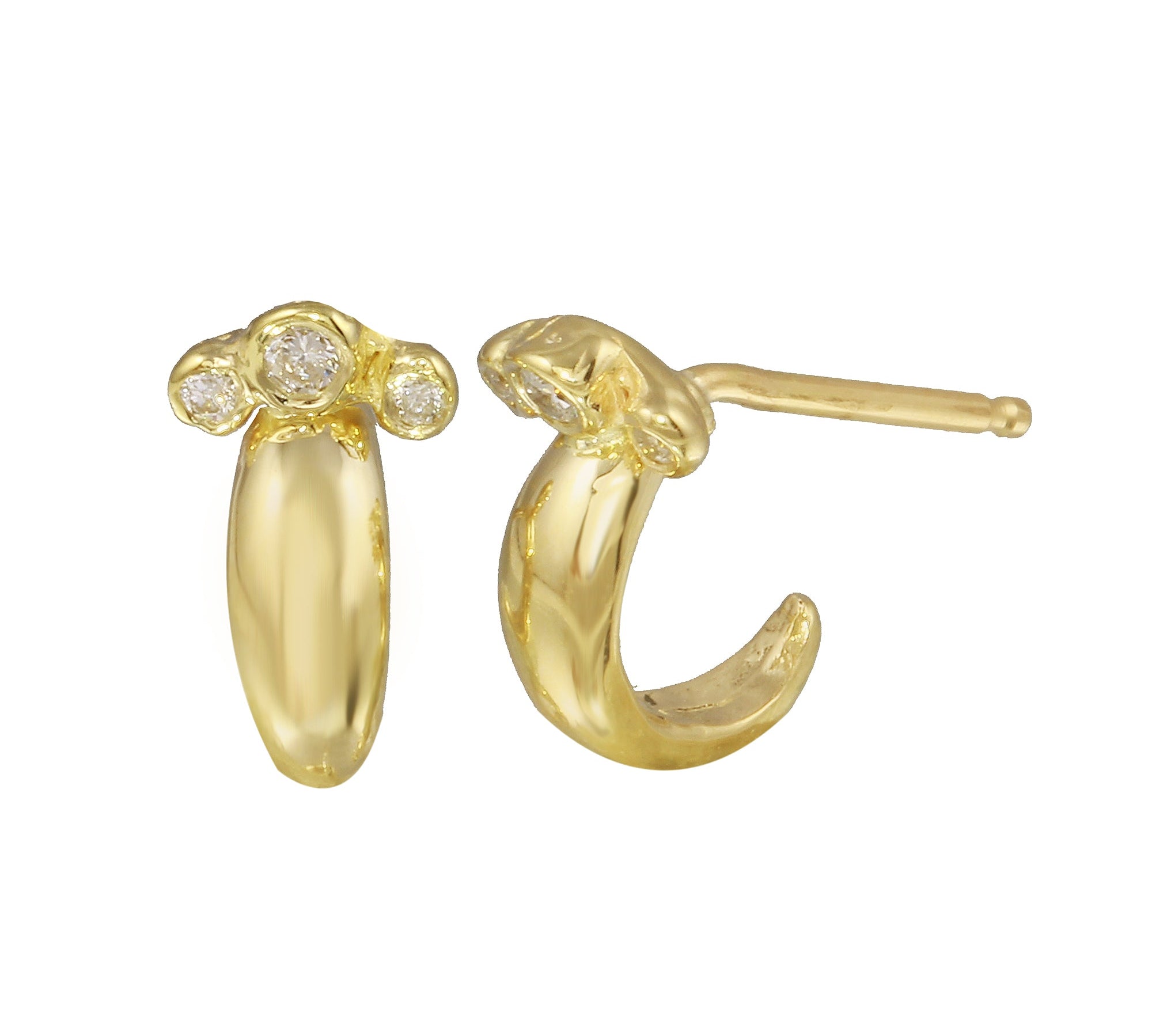 Thick Tri-Dot Diamond Half Hoop Stud Yellow Gold Stud Earrings Jaine K Designs   