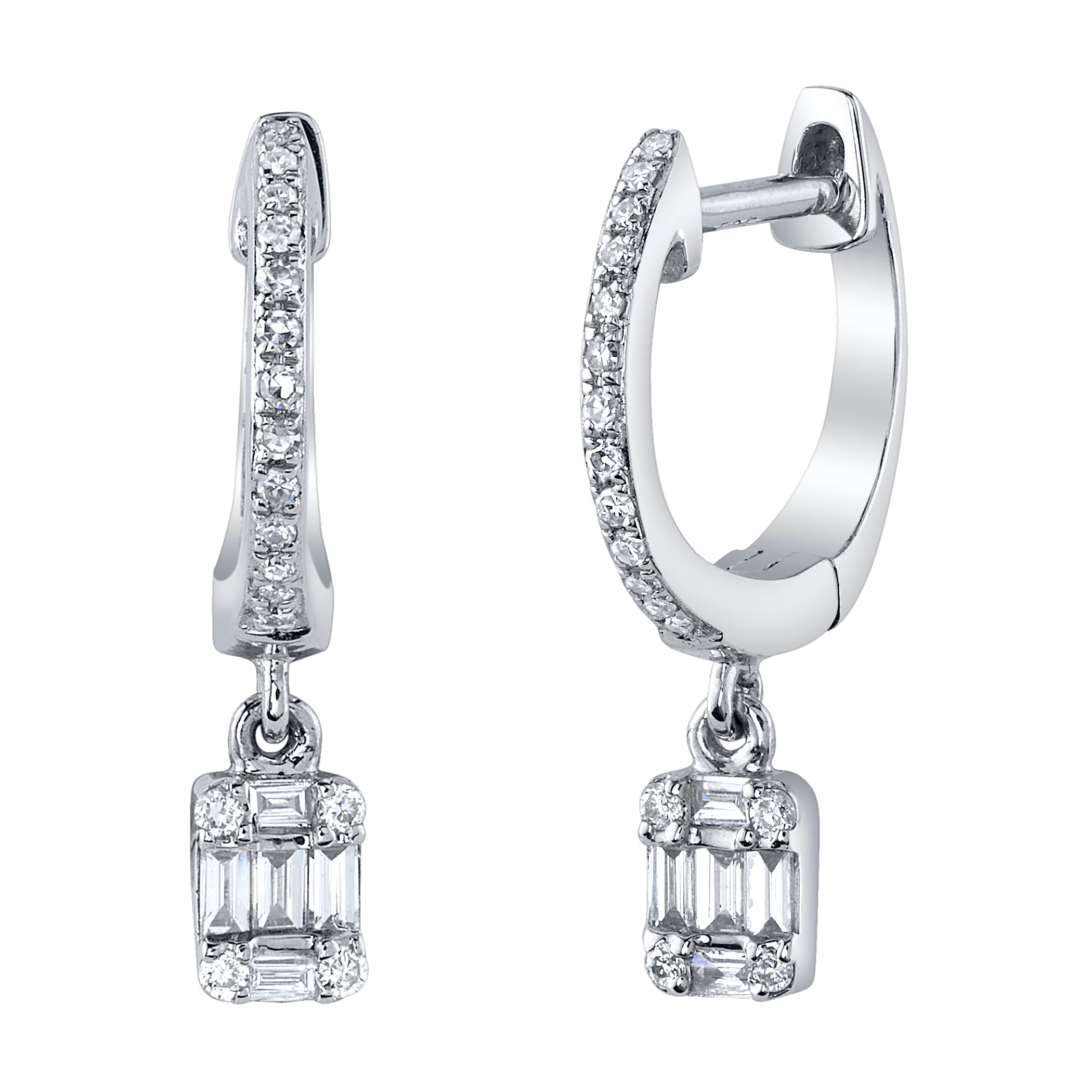 Diamond Huggie with Baguette-Round Dangle Huggie Earrings Roseark Deux Pair