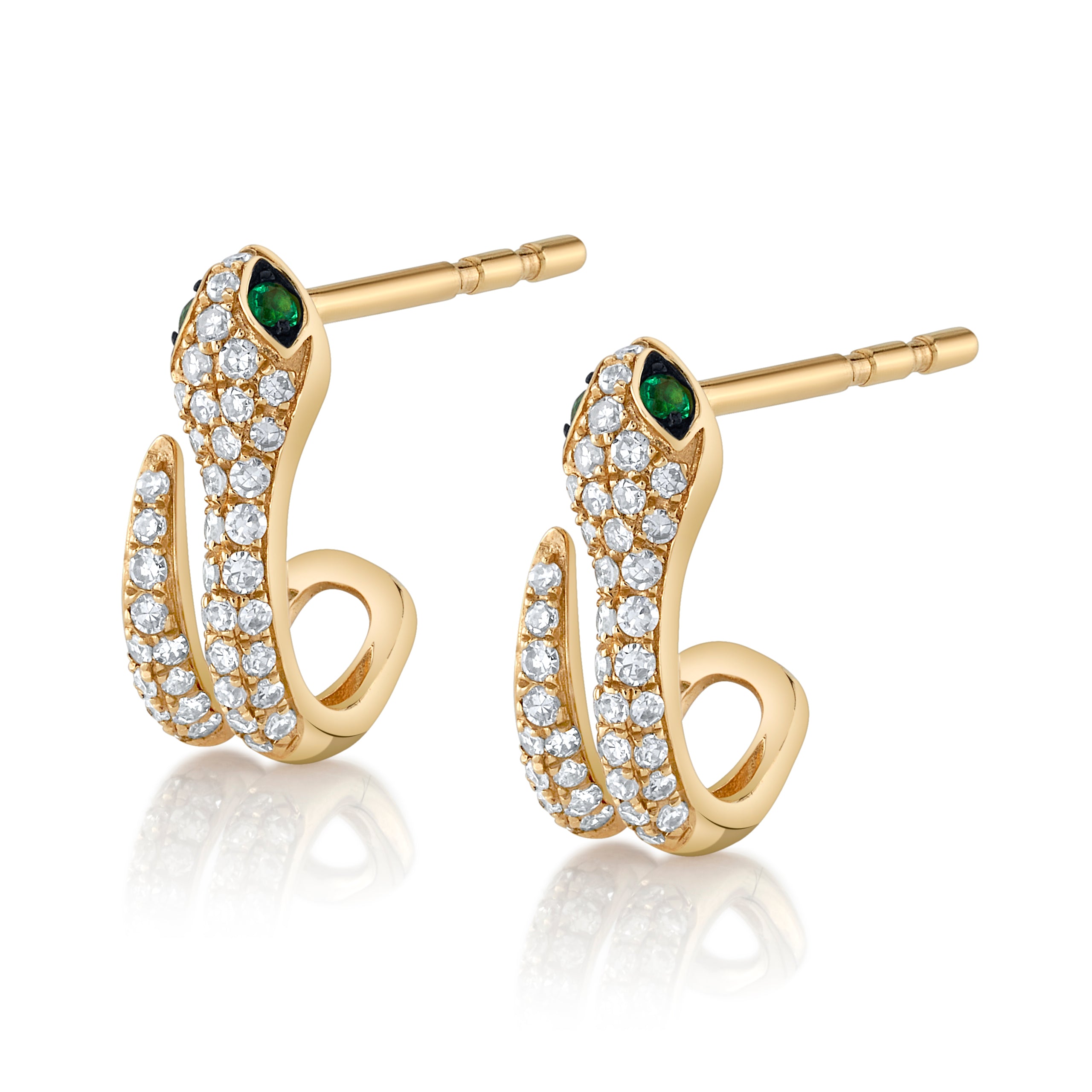 Pave Diamond Snake Half-Hoop with Emerald Eyes Huggie Earrings Roseark Deux Pair