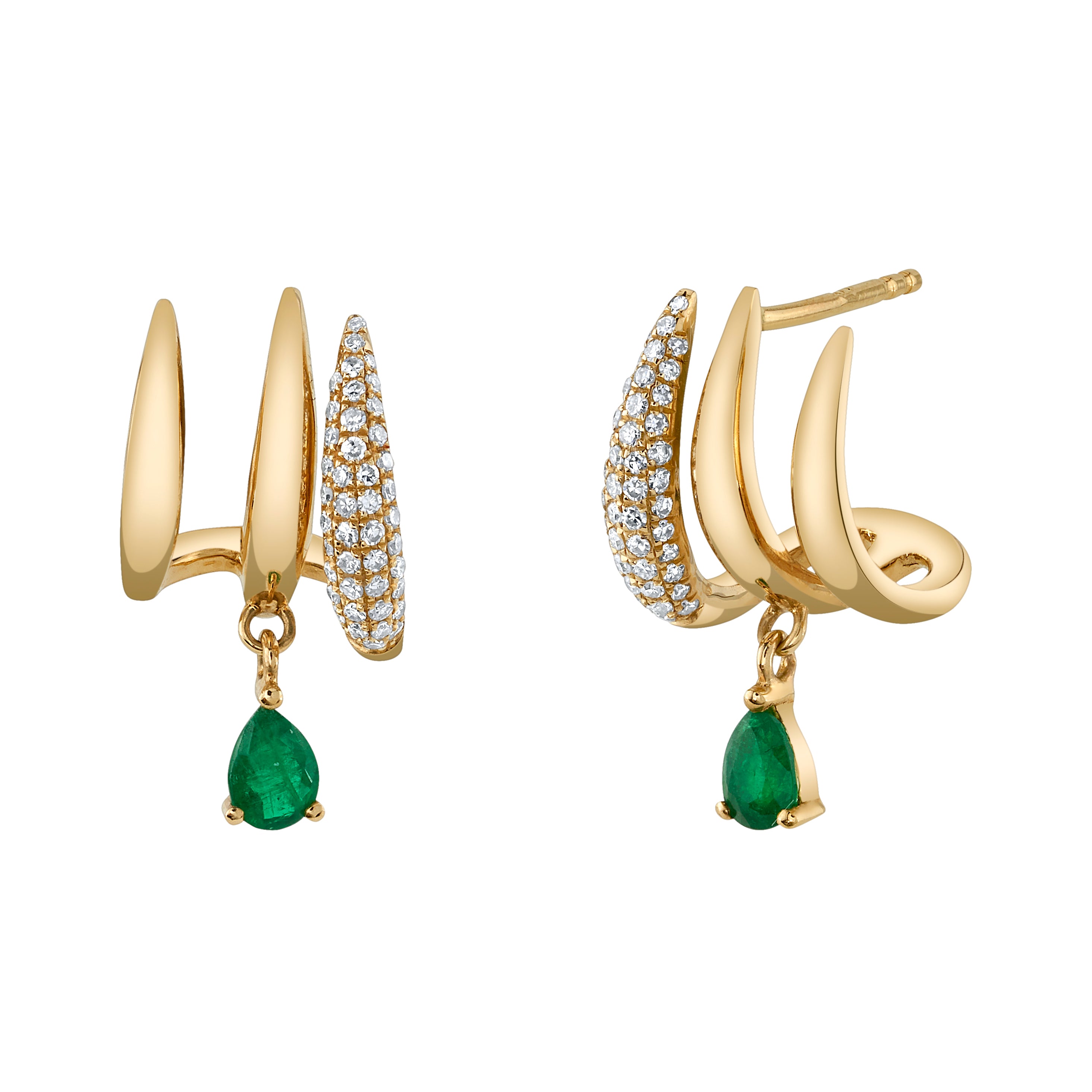 Three-Point Diamond Emerald Cuff-Huggie Huggie Earrings Roseark Deux Pair