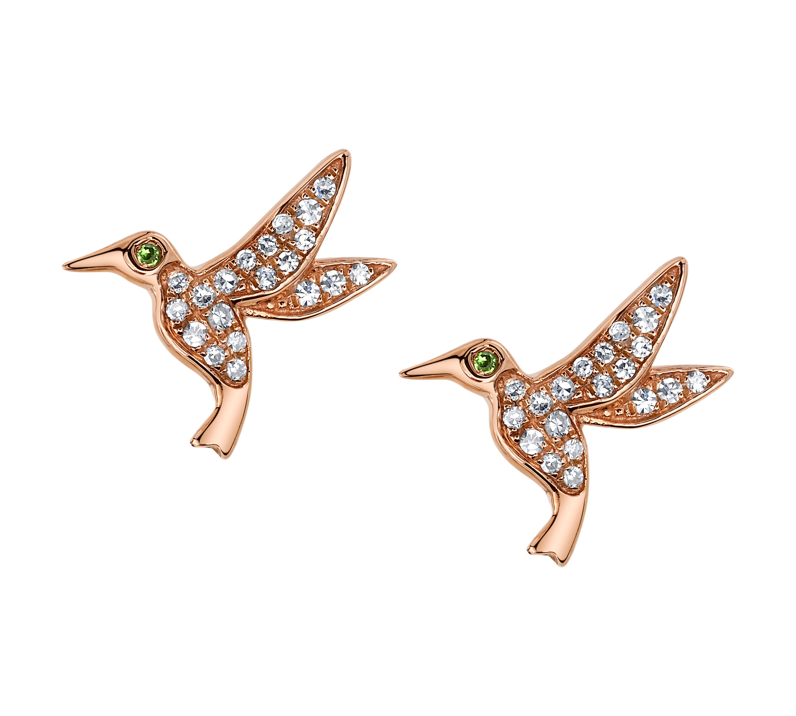 Diamond Hummingbird Stud with Emerald Eye Stud Earrings Roseark Deux Pair