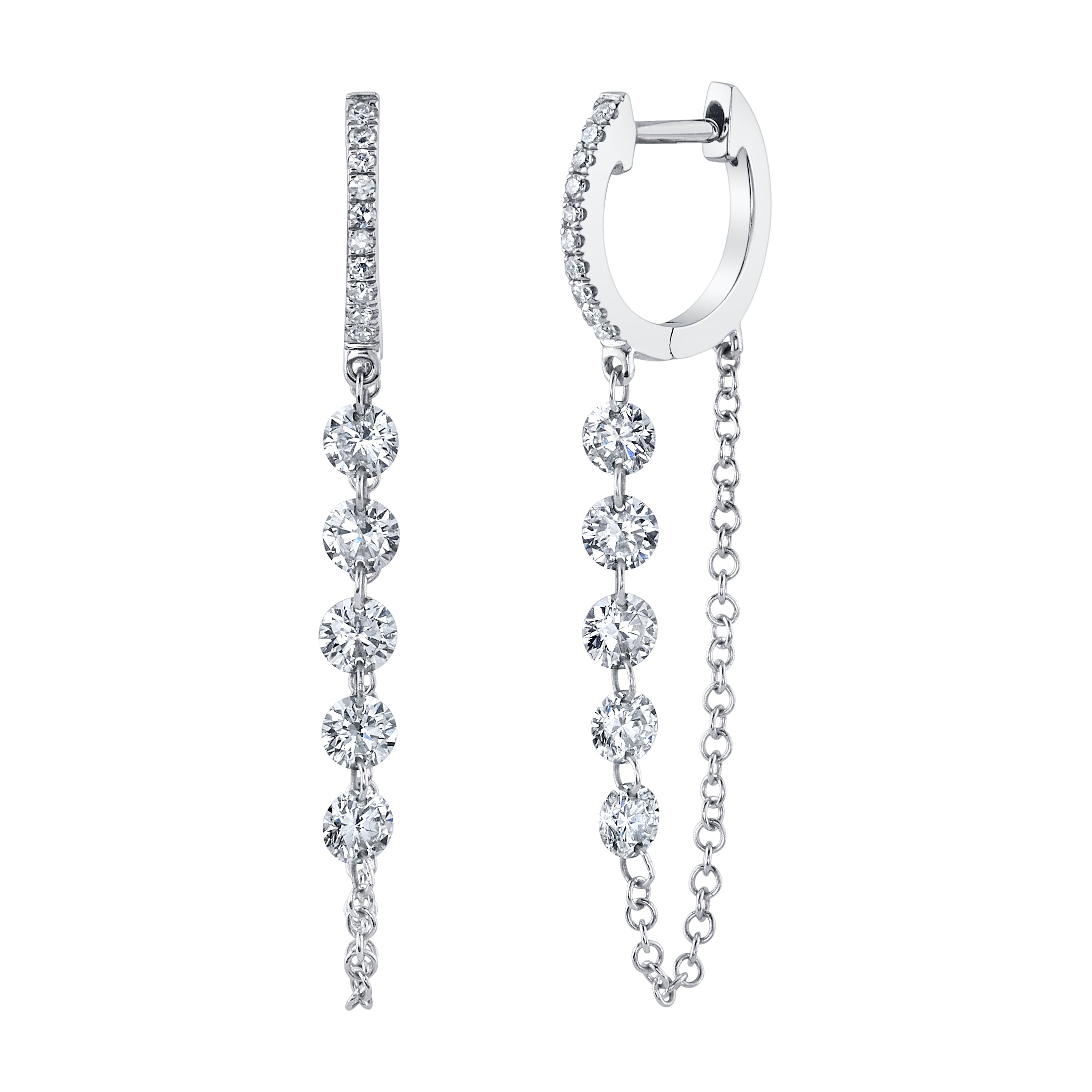 5-Diamond Chain Drop Huggie Huggie Earrings Roseark Deux Pair White Gold