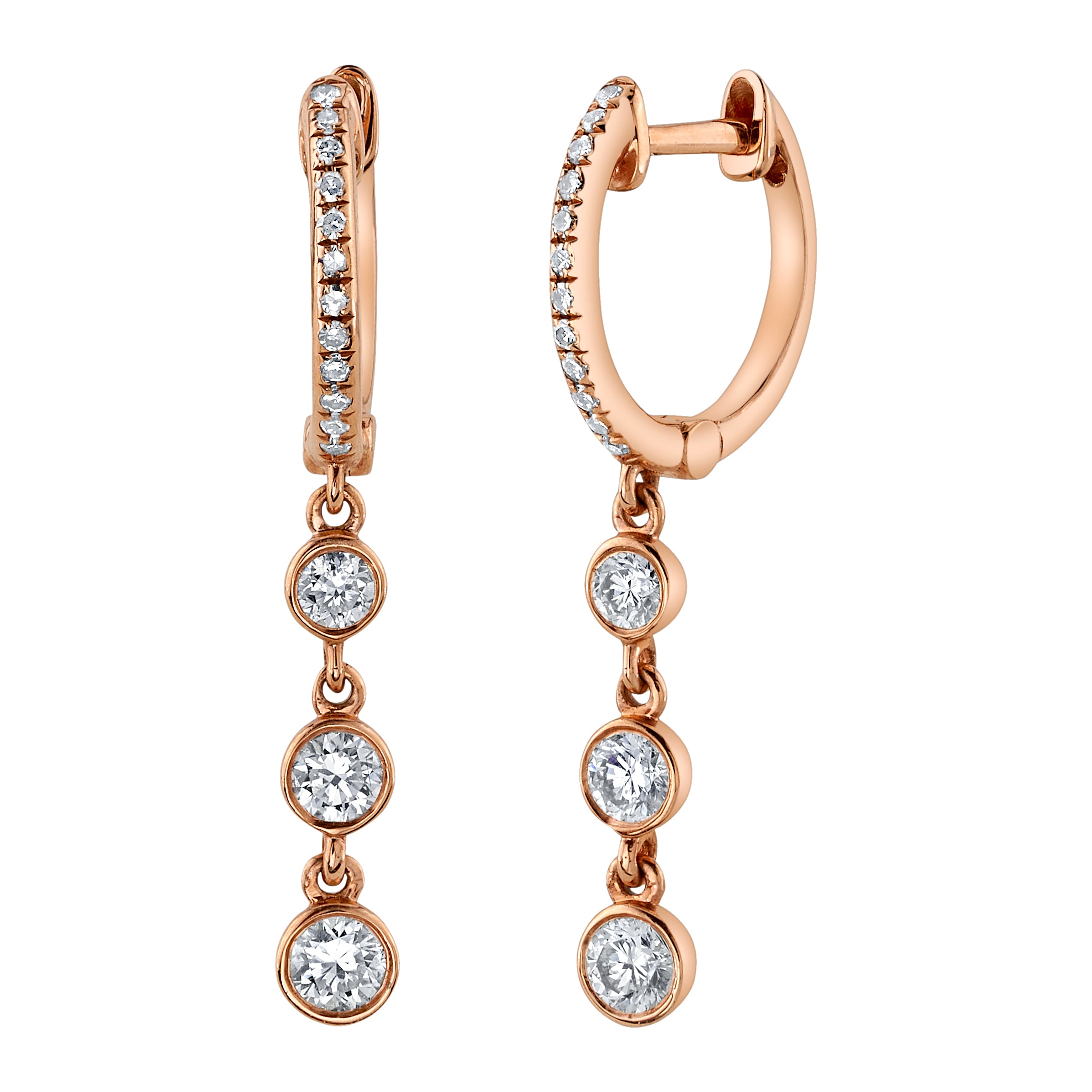 Triple Diamond Bezel Drop Huggie Huggie Earrings Roseark Deux Pair