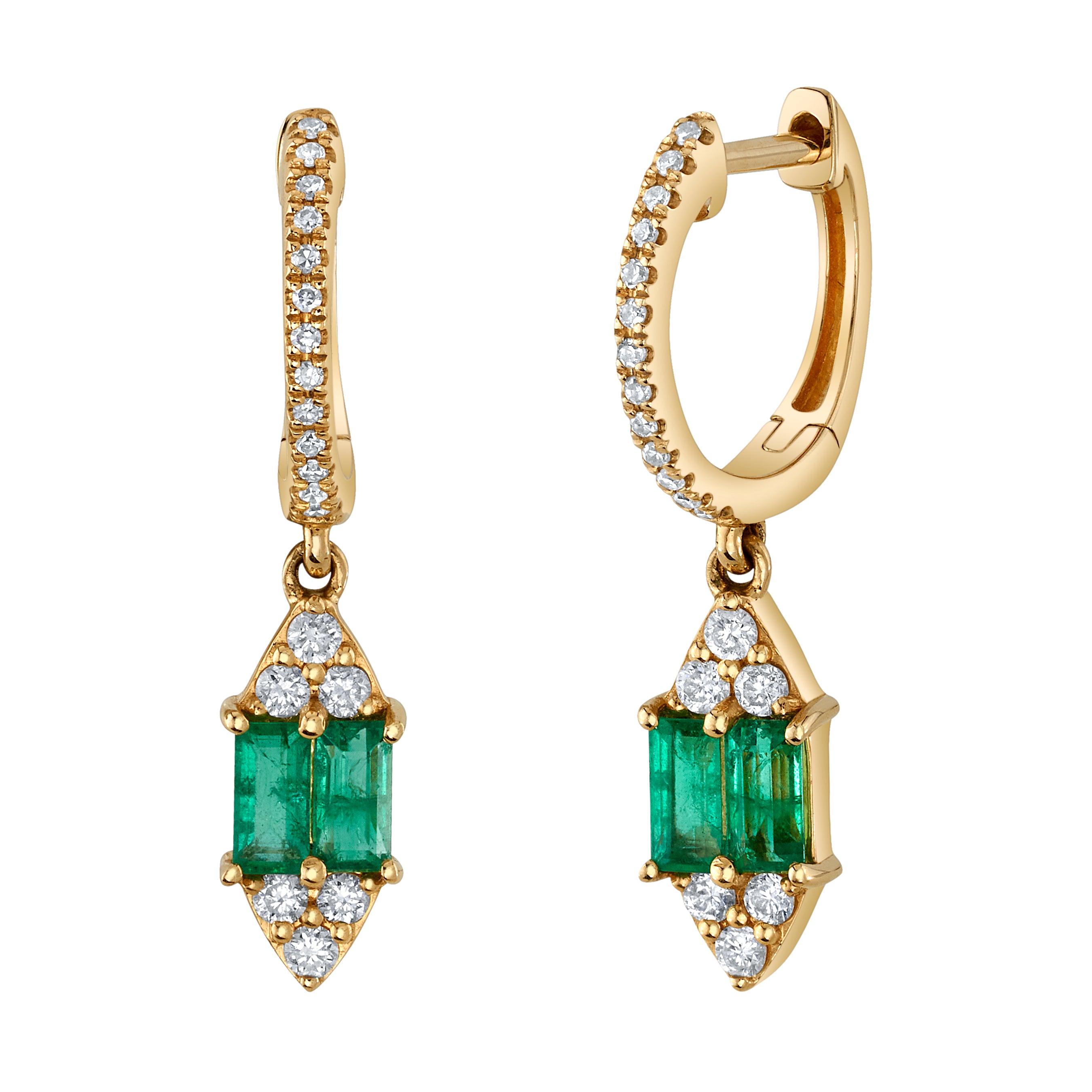 Emerald and Diamonds Headlight Drop Earring Huggie Earrings Roseark Deux   