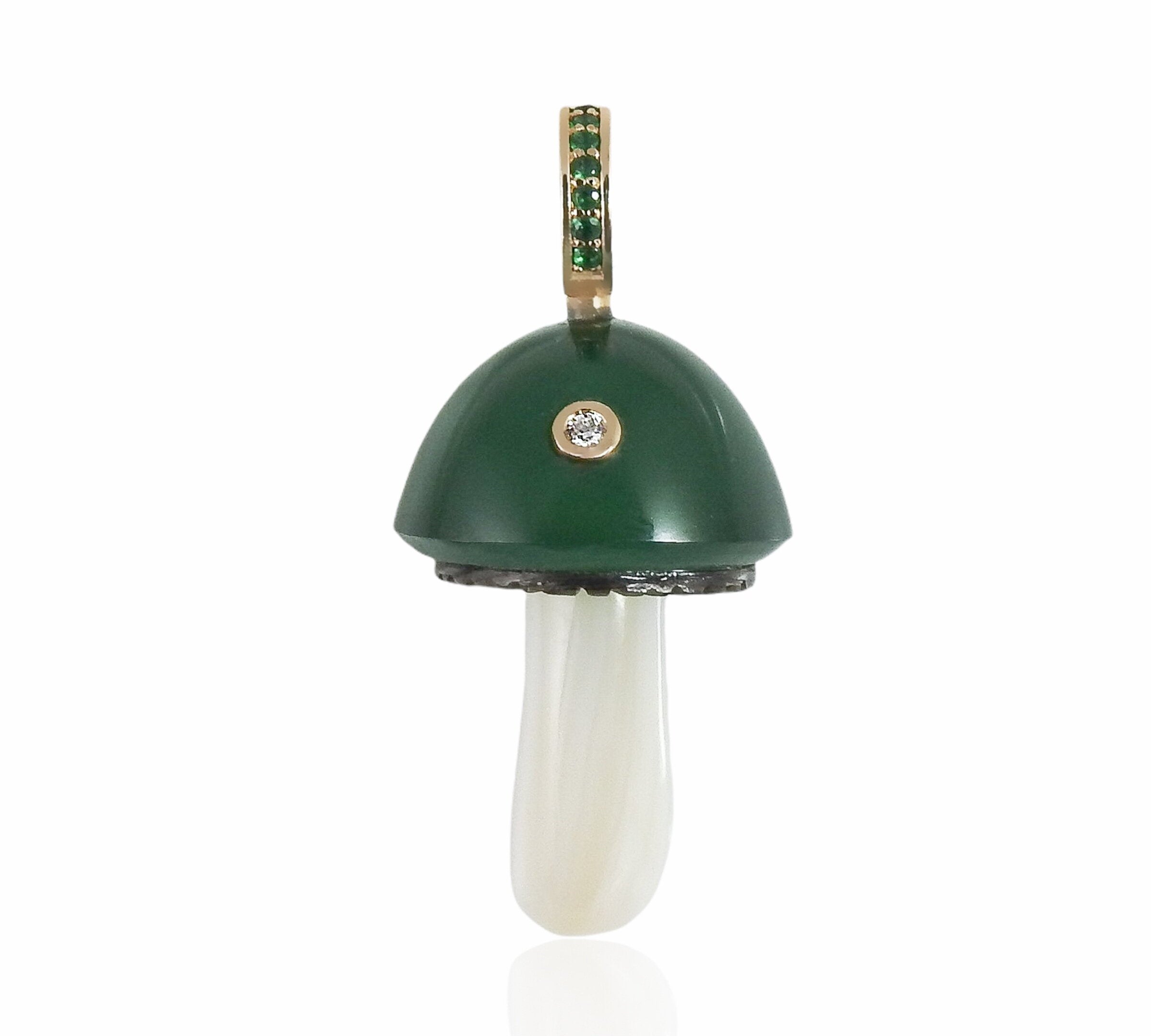 Dark Green Chalcedony Mushroom Charm in Gold with Emeralds and Diamond Charm Maura Green   