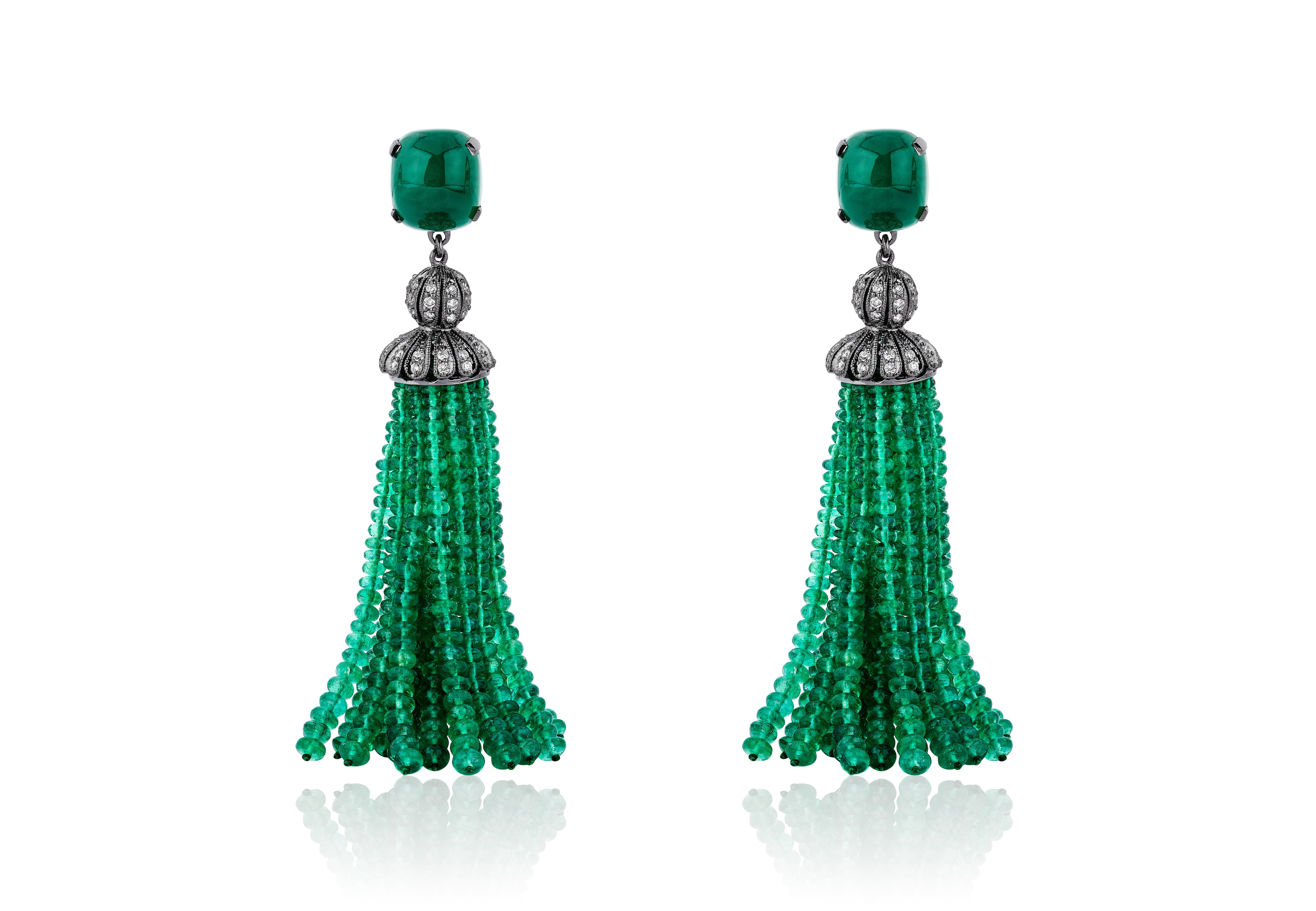 G-One Emerald Tassel Earrings Drop Goshwara   