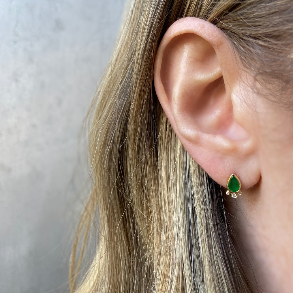 Pear Emerald with Triple Diamond Stud, Yellow Gold Stud Earrings Jaine K Designs   