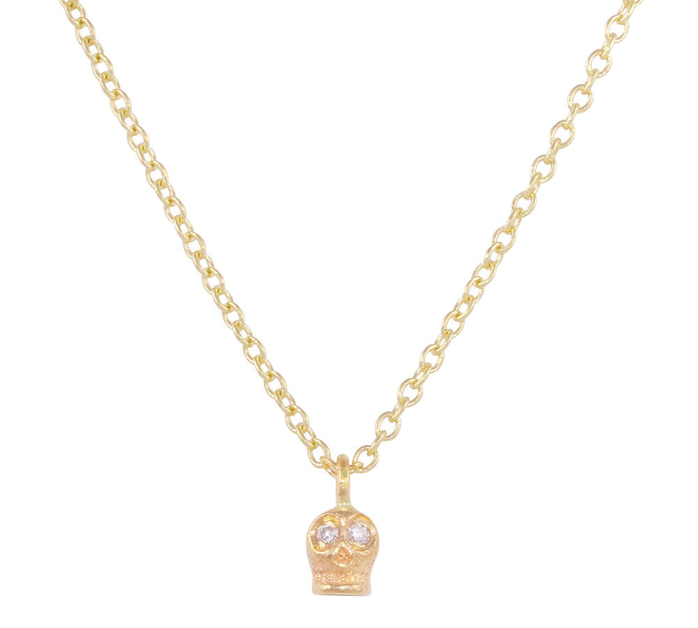 Tiny Skull Necklace Pendant Jaine K Designs Yellow Gold White Diamond 