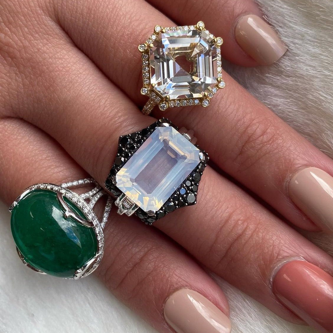 Moon Quartz Emerald-Cut Ring with Black Diamonds Cocktail Ring Goshwara