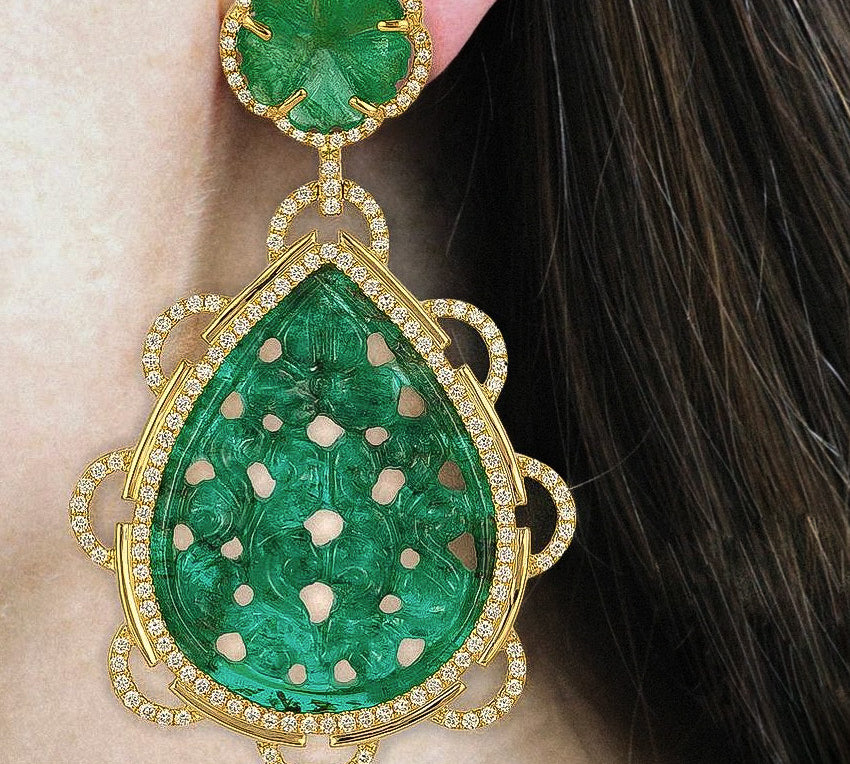Carved Emerald Flower Earrings Drop Earrings Goshwara   