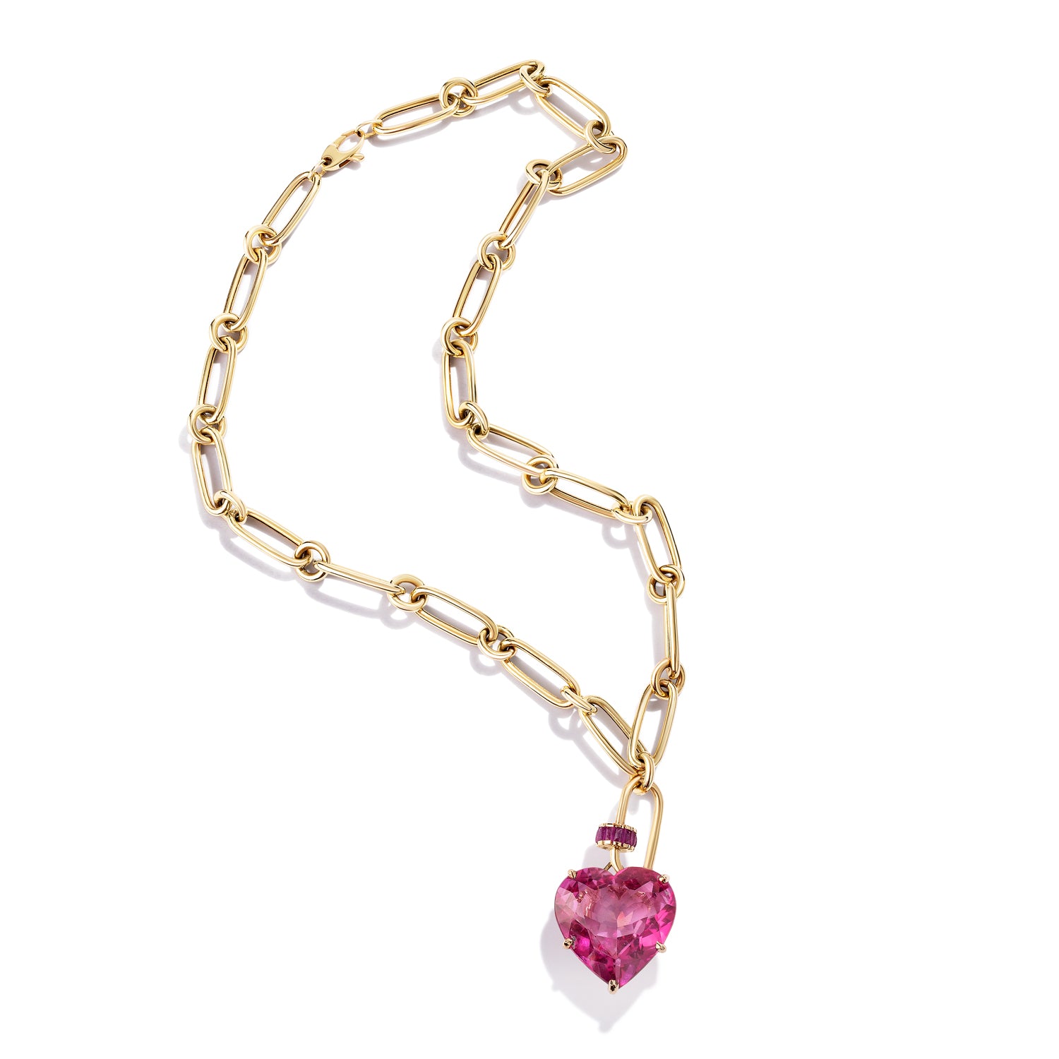 Pink Topaz Heart Pendant on Ruby Carabiner Lock, Yellow Gold Statement Heart of Stone   
