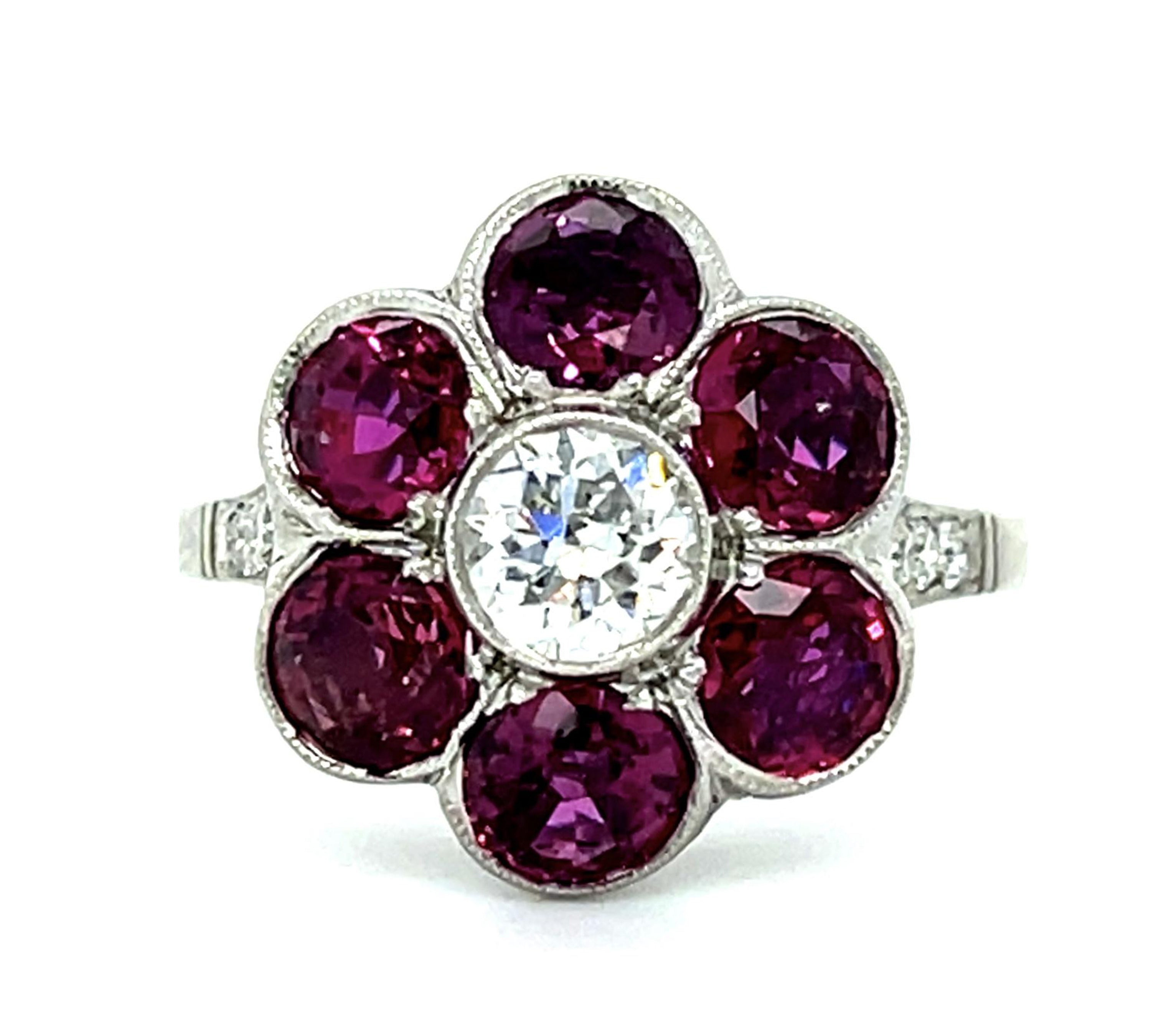 Old European Cut Diamond Ruby Flower Ring Ring Roseark Vintage