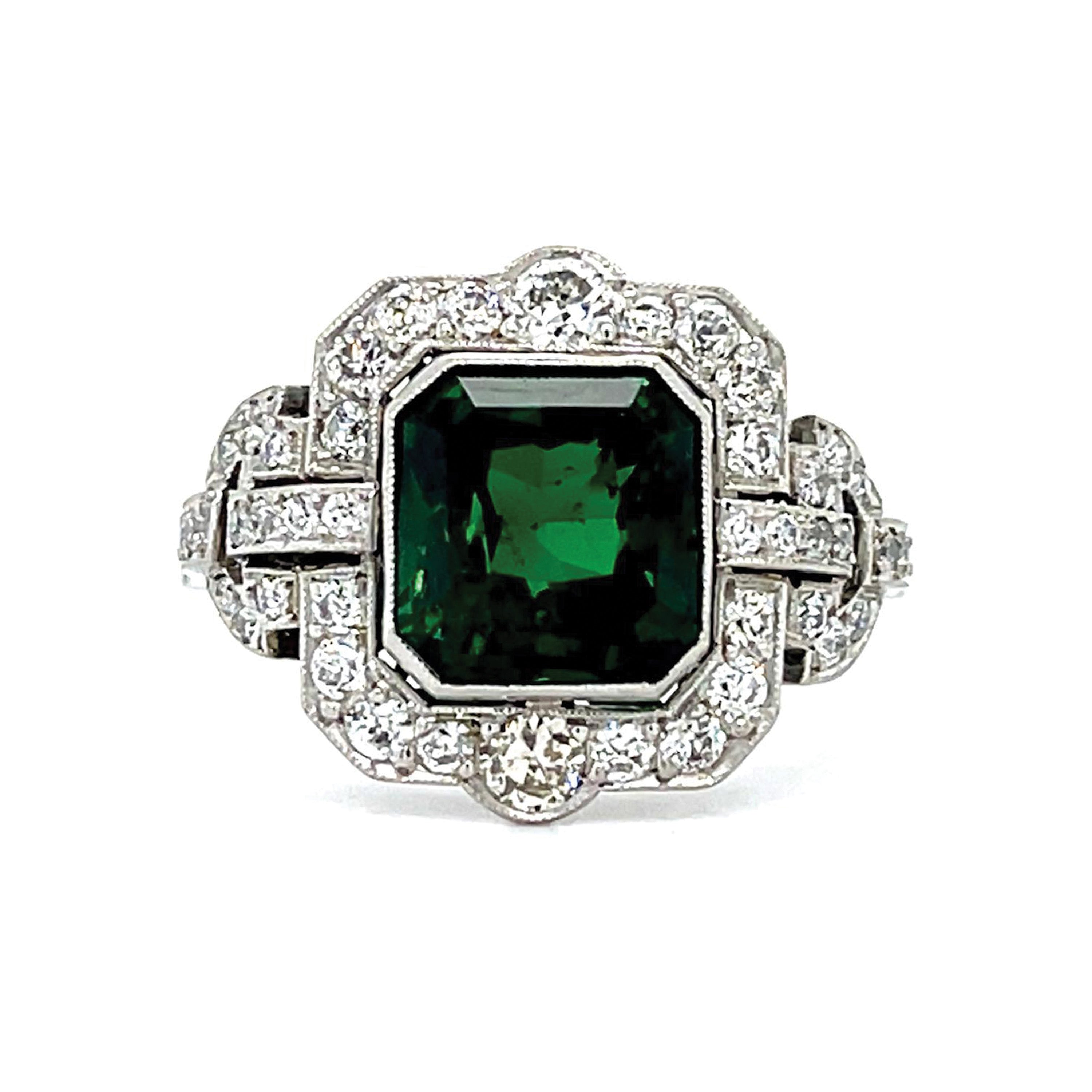 Tsavorite Garnet Diamond Platinum Ring Statement Ring Roseark Vintage