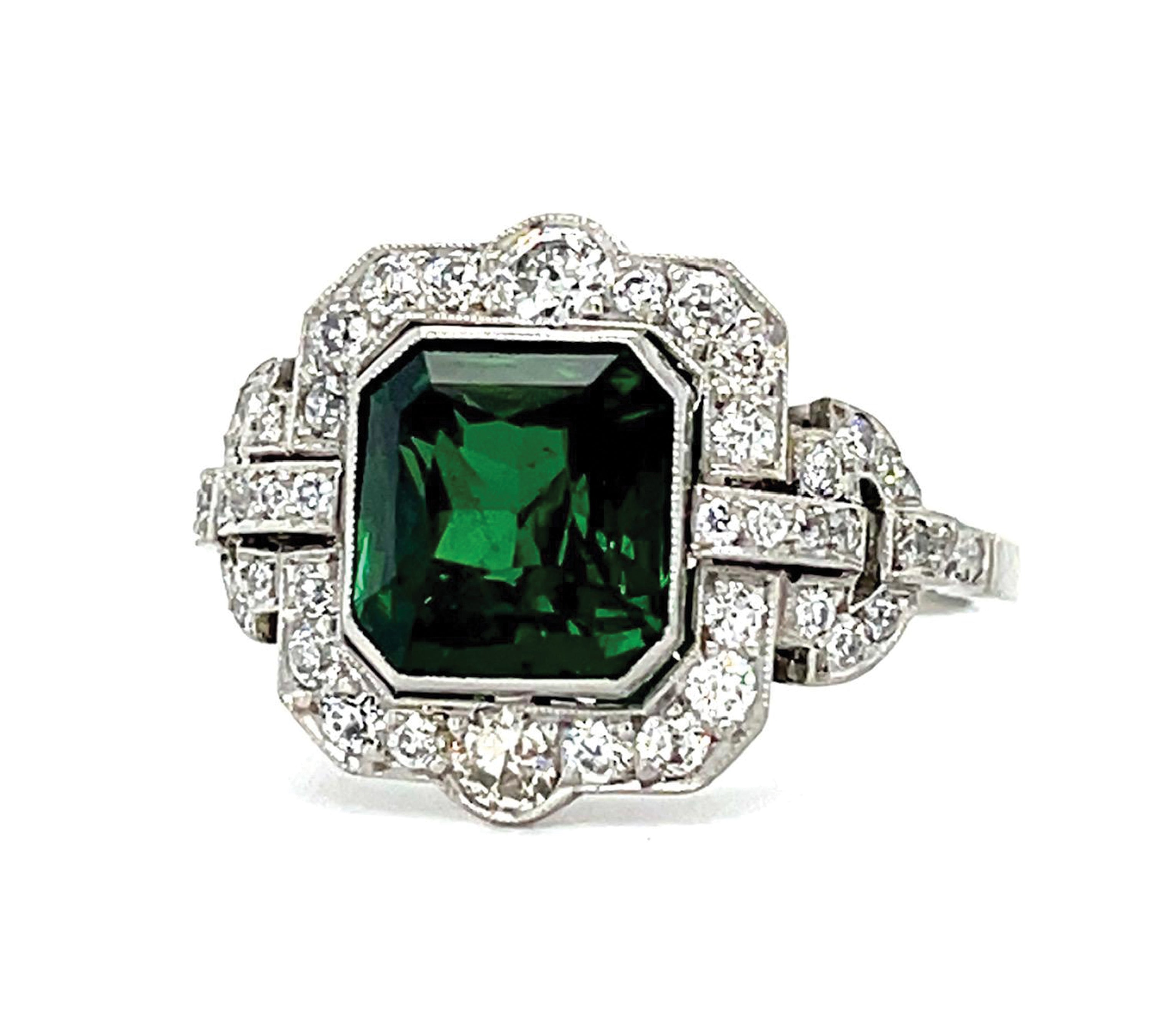 Tsavorite Garnet Diamond Platinum Ring Statement Ring Roseark Vintage